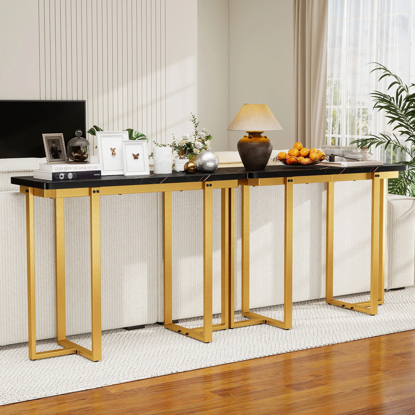 42 Inches Modern Faux Marble Entryway Table with Geometric Metal Frame, Black - Image 3