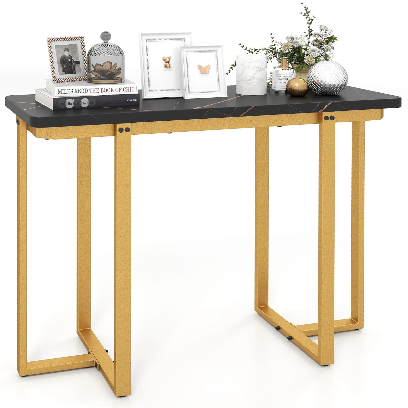 42 Inches Modern Faux Marble Entryway Table with Geometric Metal Frame, Black - Image 4