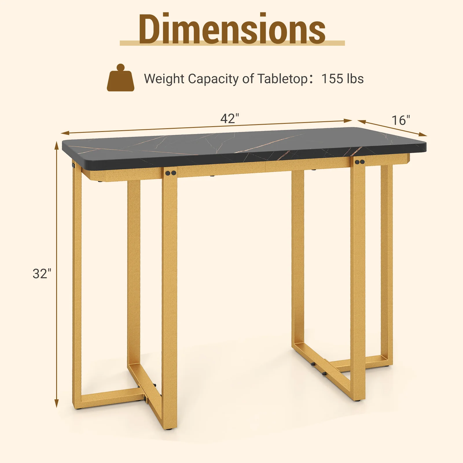 42 Inches Modern Faux Marble Entryway Table with Geometric Metal Frame, Black - Image 6