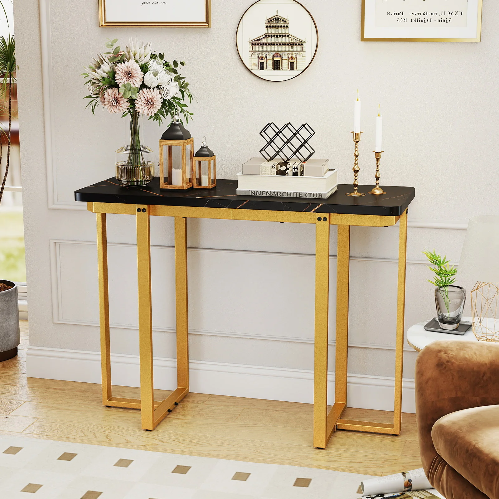42 Inches Modern Faux Marble Entryway Table with Geometric Metal Frame, Black - Image 7