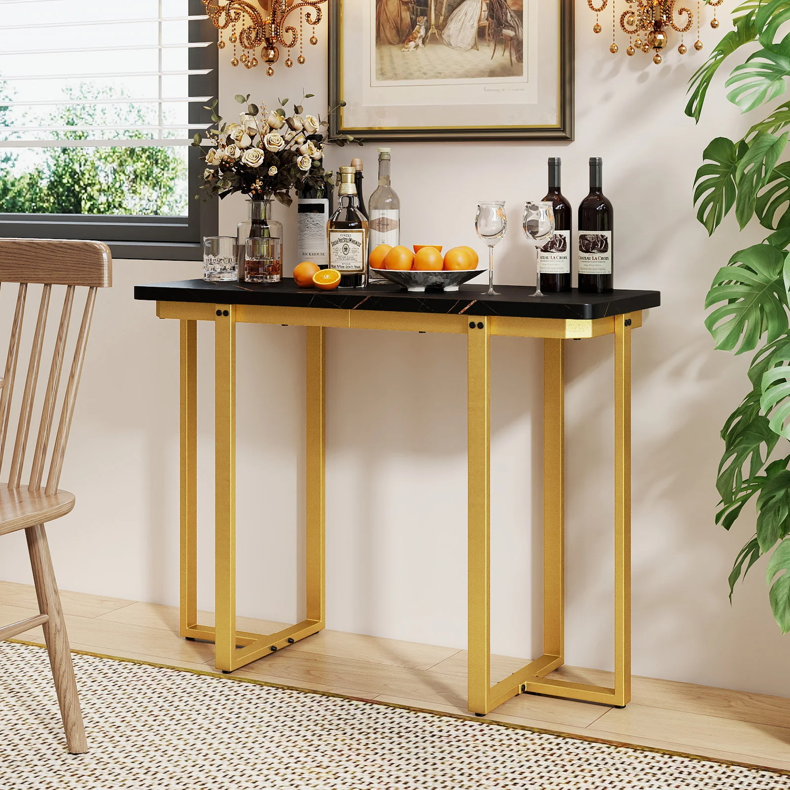 42 Inches Modern Faux Marble Entryway Table with Geometric Metal Frame, Black - Image 8