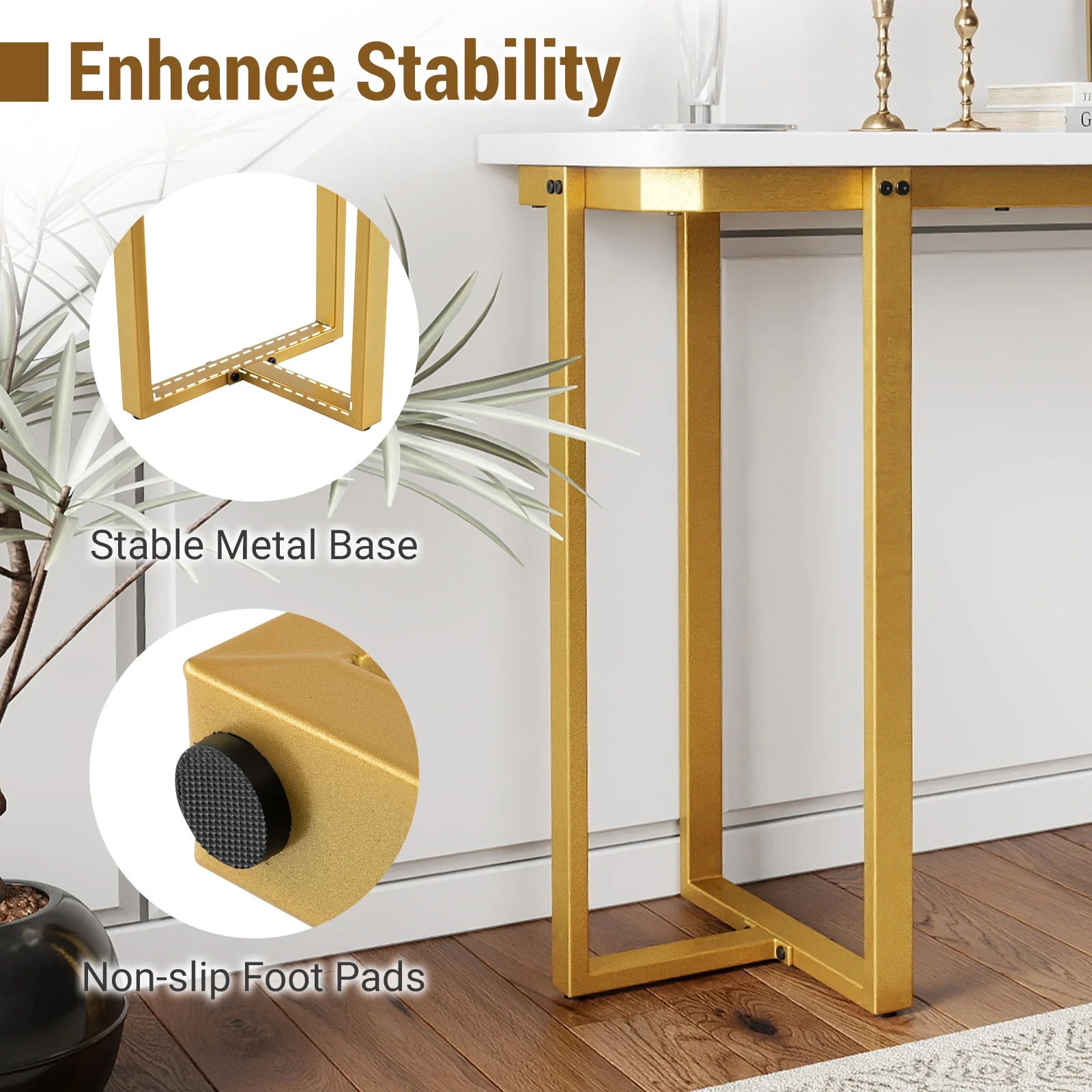 42 Inches Modern Faux Marble Entryway Table with Geometric Metal Frame, White - Image 10