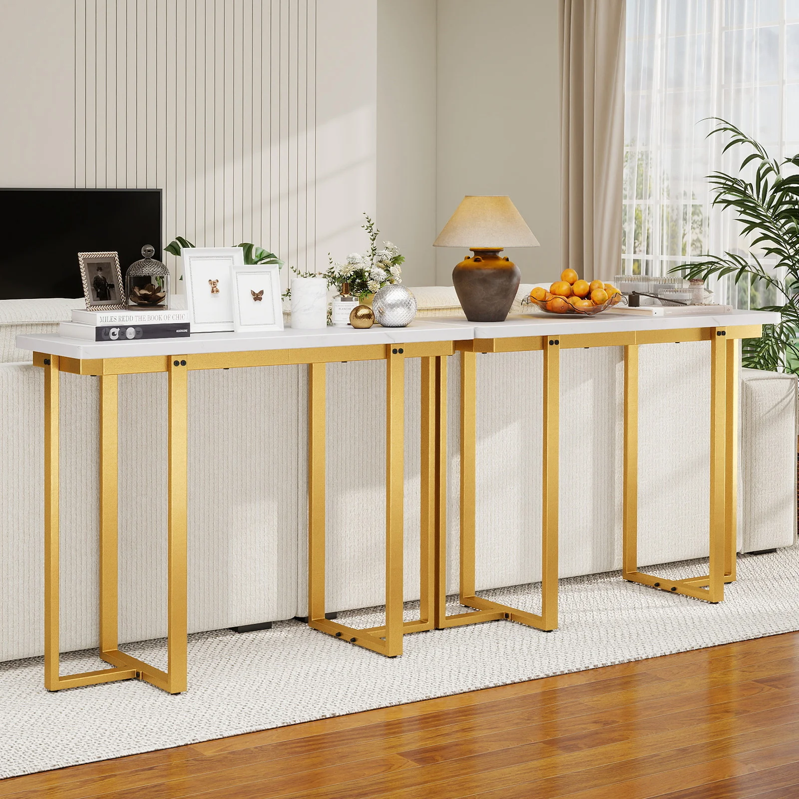 42 Inches Modern Faux Marble Entryway Table with Geometric Metal Frame, White - Image 3