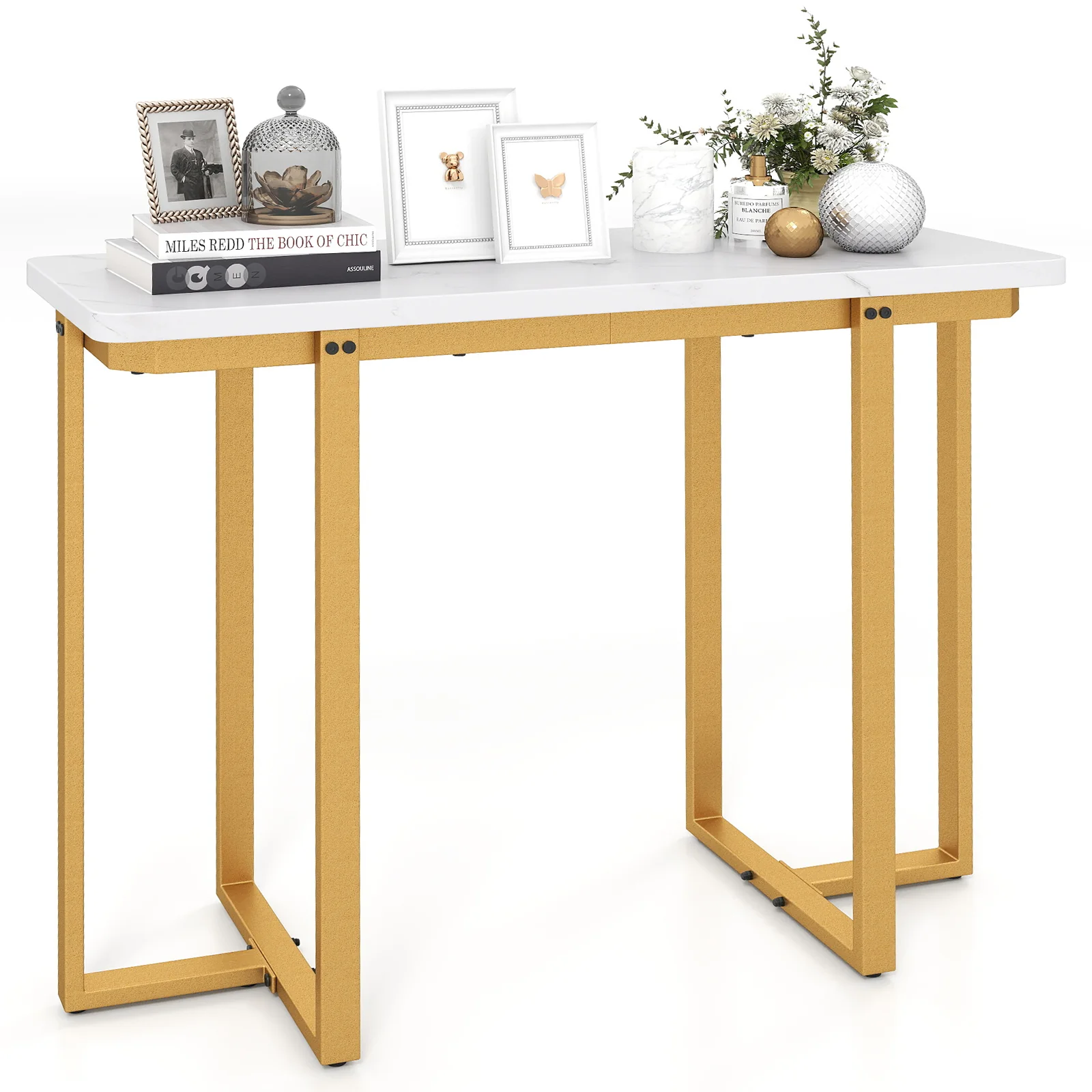 42 Inches Modern Faux Marble Entryway Table with Geometric Metal Frame, White - Image 4