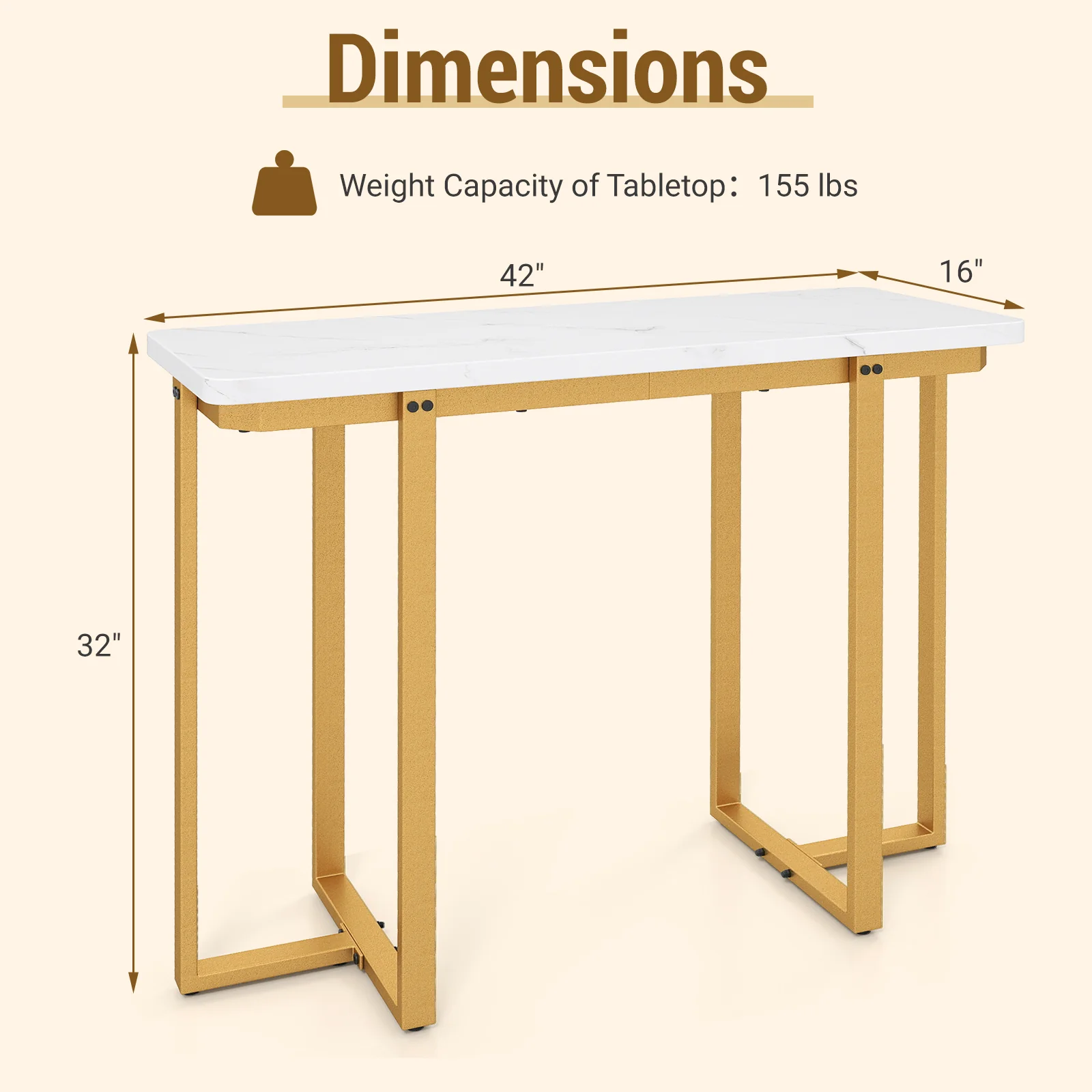 42 Inches Modern Faux Marble Entryway Table with Geometric Metal Frame, White - Image 6