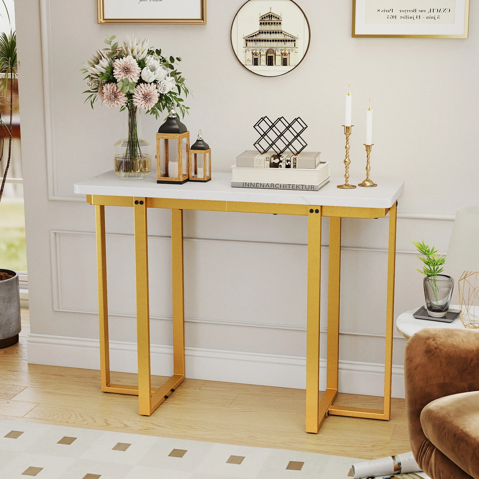 42 Inches Modern Faux Marble Entryway Table with Geometric Metal Frame, White - Image 7