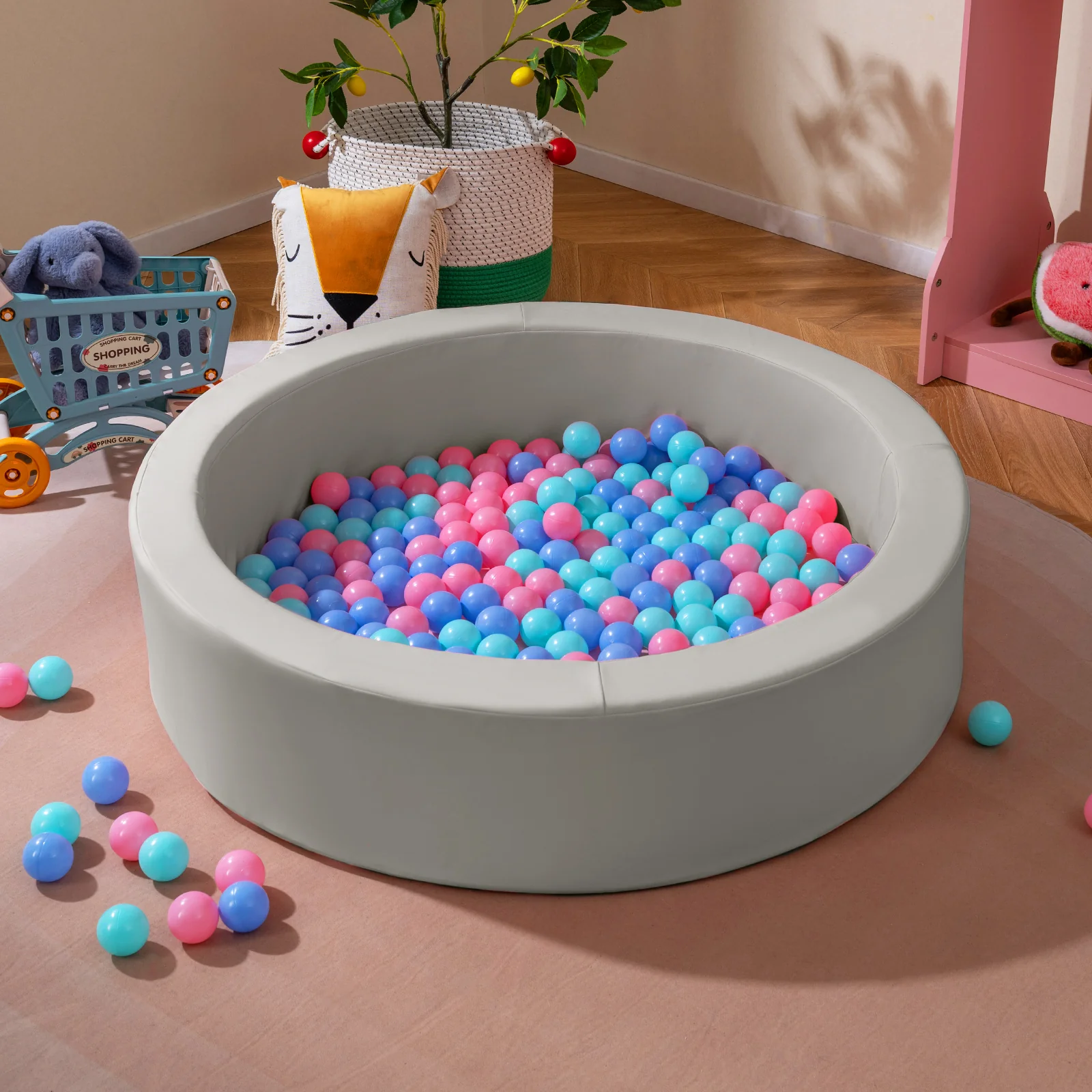 42.5 Inch Round Foam Ball Pits with 25D Sponge Filling and Washable PU Cover for Toddlers, Gray - Image 2
