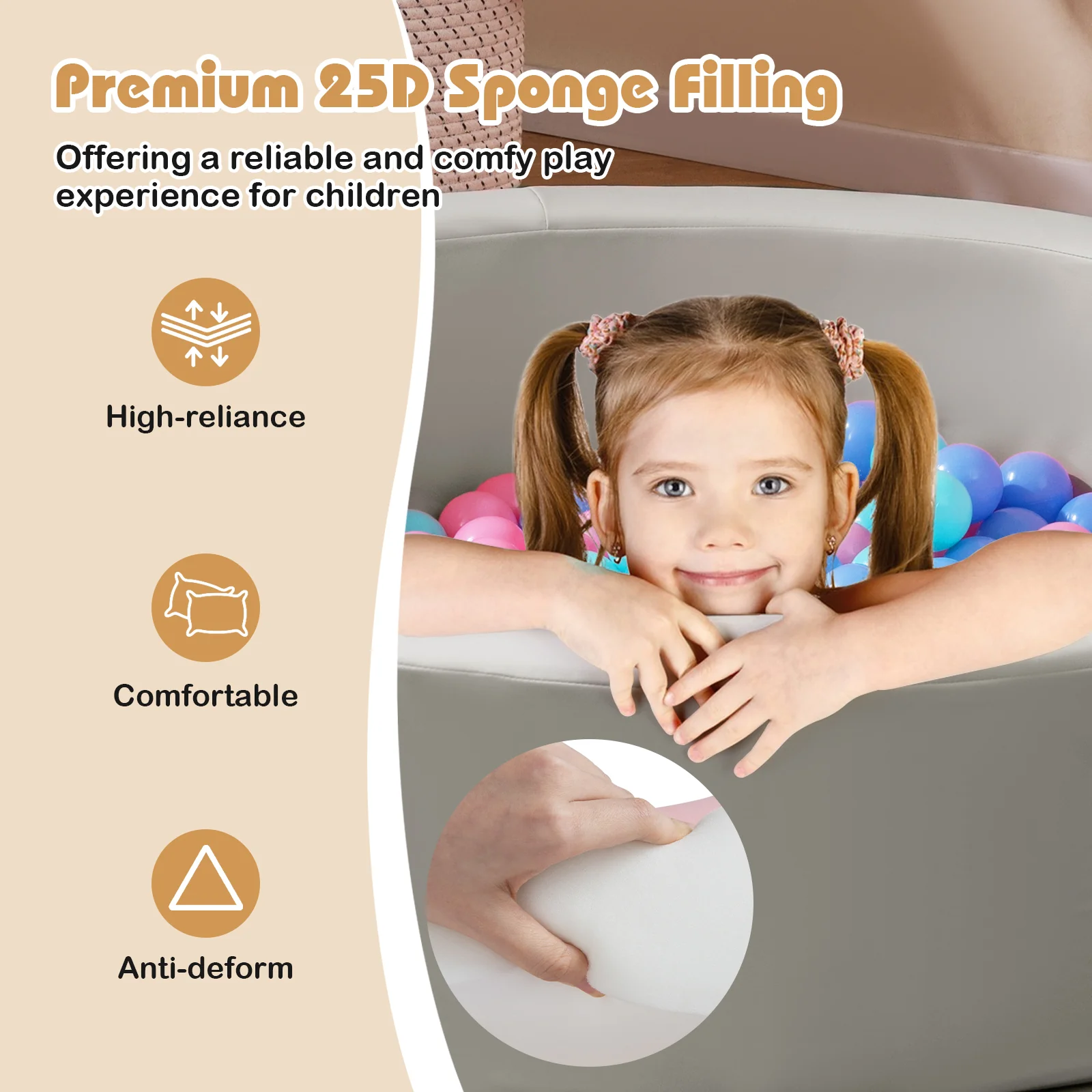 42.5 Inch Round Foam Ball Pits with 25D Sponge Filling and Washable PU Cover for Toddlers, Gray - Image 7