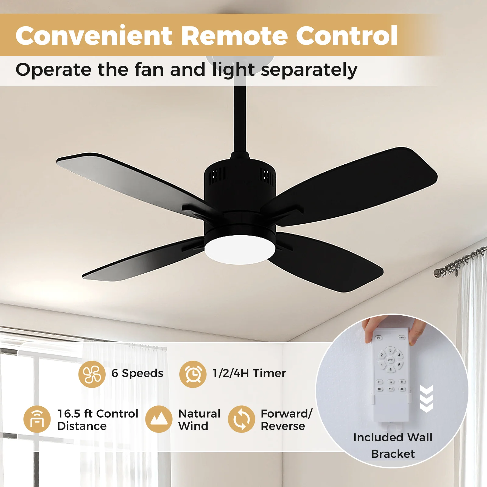 42inch Ceiling Fan with Light and Remote 3CCT LED with Memory 4H Timer 6 Speeds, Black - Image 8