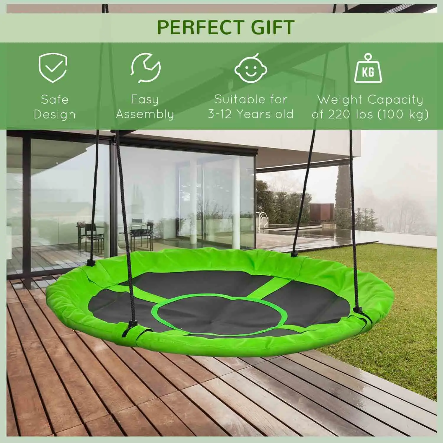 43.25" Saucer Swing, Adjustable Rope Seat, Indoor Outdoor, Green - Image 4