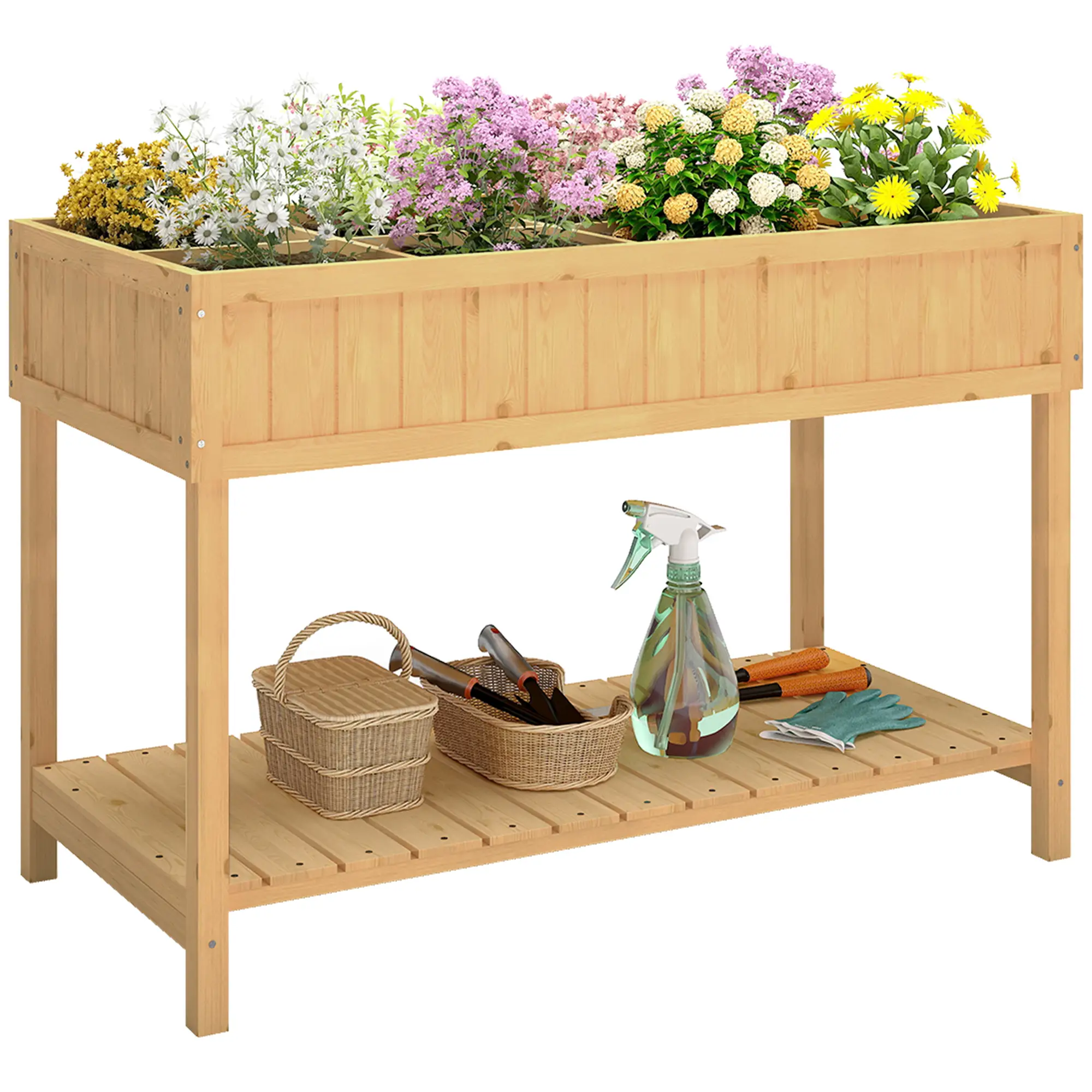 43.25" x 18" x 30" Raised Garden Bed, Wooden Plant Stand, 8 Grid Box, Natural Wood
