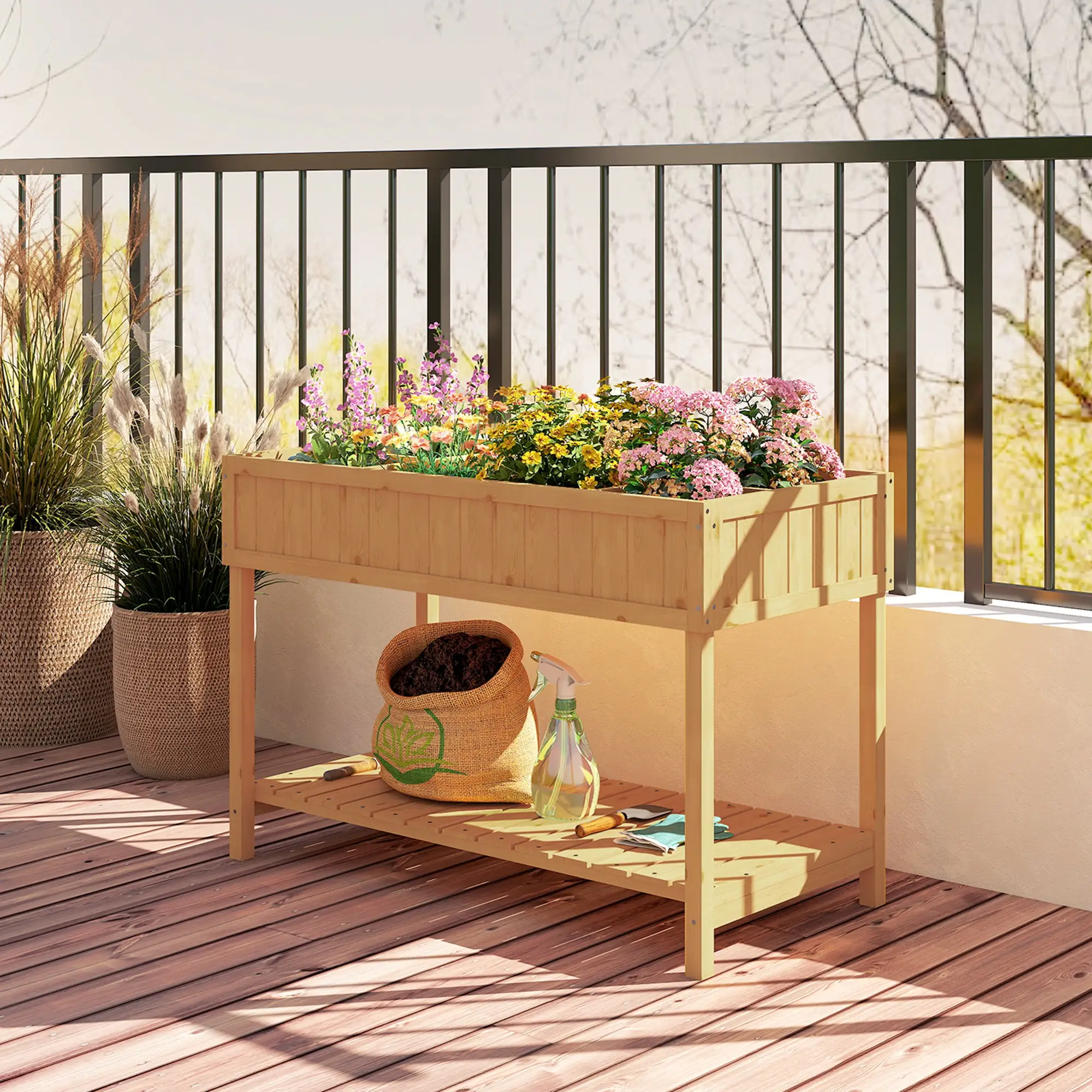 43.25" x 18" x 30" Raised Garden Bed, Wooden Plant Stand, 8 Grid Box, Natural Wood - Image 10