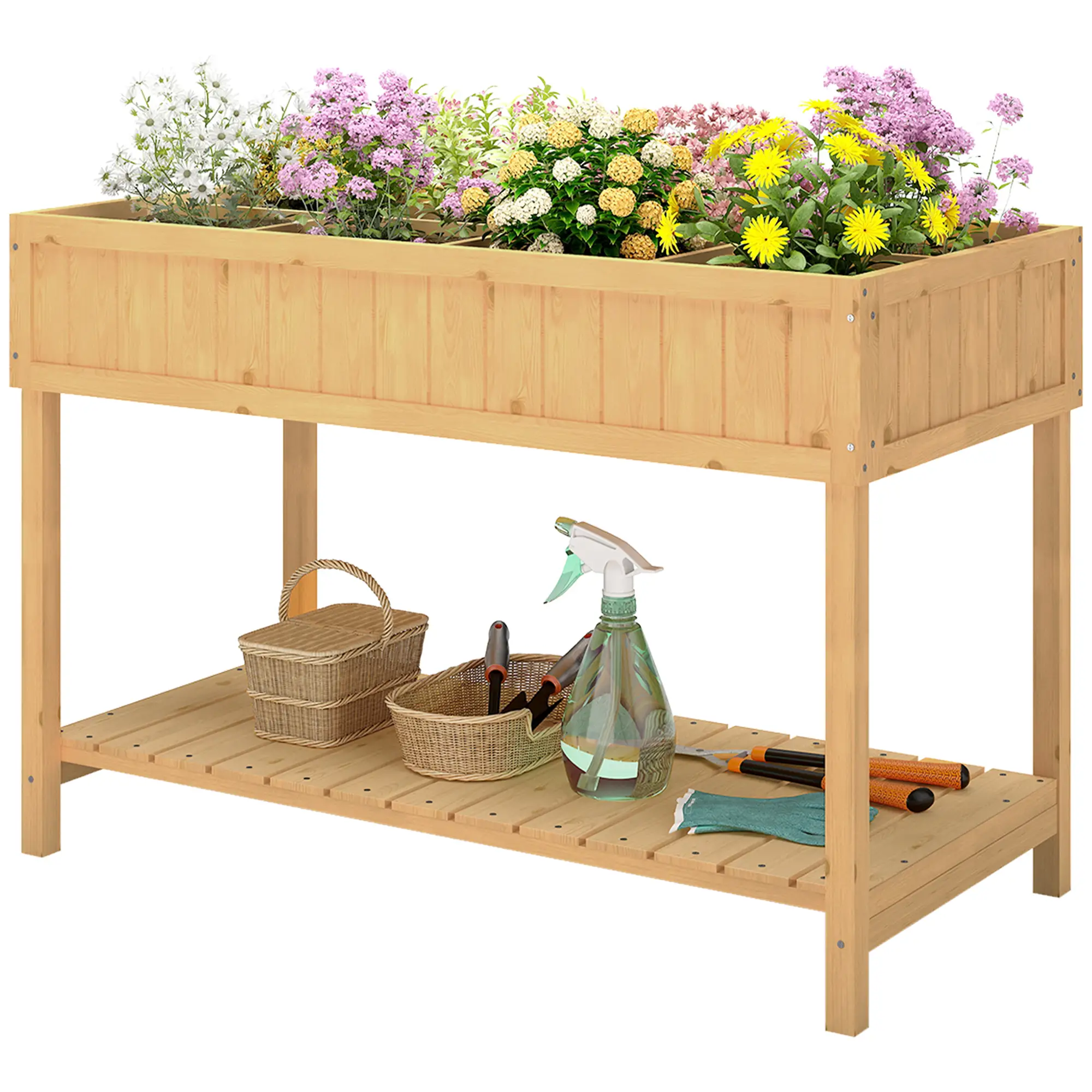 43.25" x 18" x 30" Raised Garden Bed, Wooden Plant Stand, 8 Grid Box, Natural Wood - Image 11