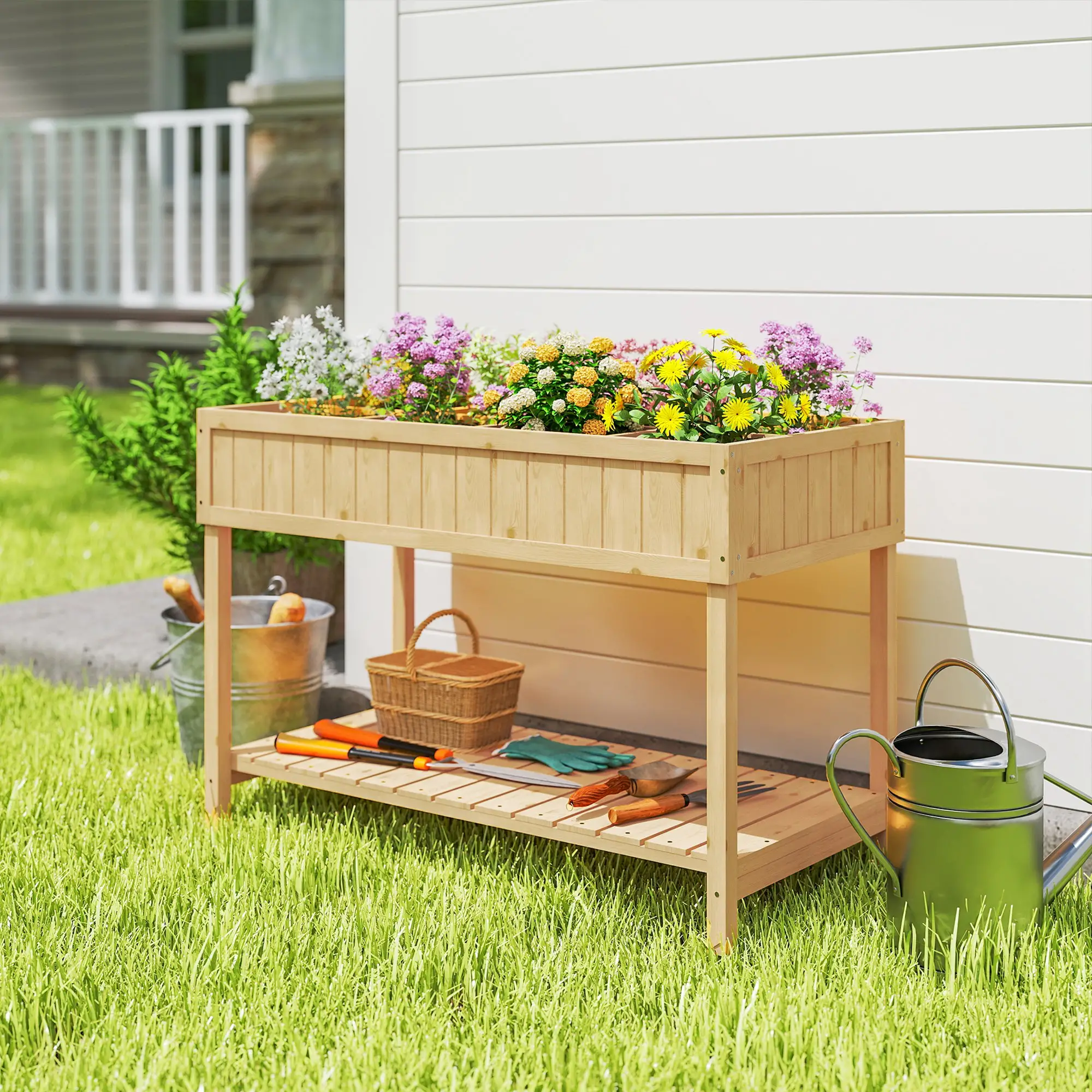 43.25" x 18" x 30" Raised Garden Bed, Wooden Plant Stand, 8 Grid Box, Natural Wood - Image 2