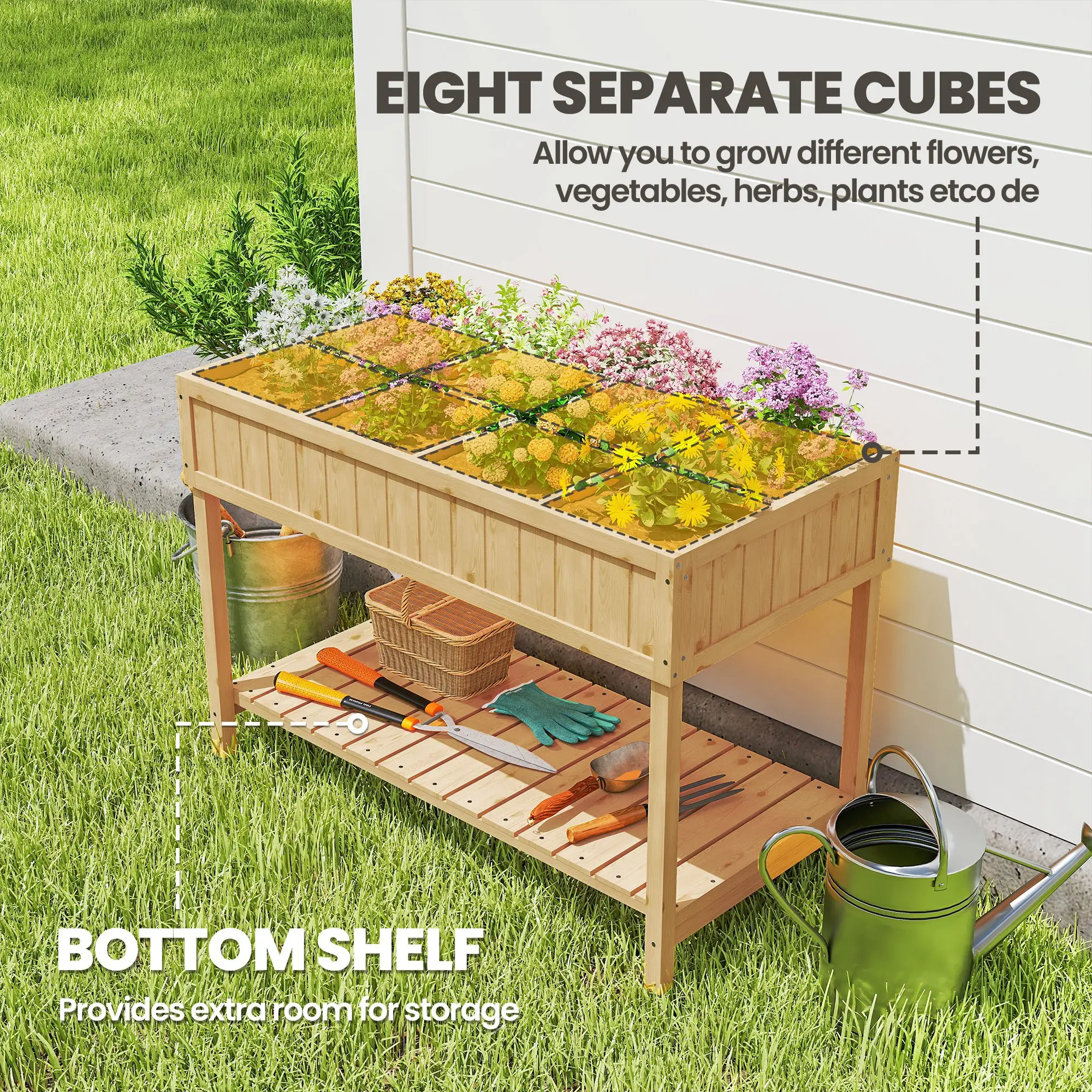 43.25" x 18" x 30" Raised Garden Bed, Wooden Plant Stand, 8 Grid Box, Natural Wood - Image 4