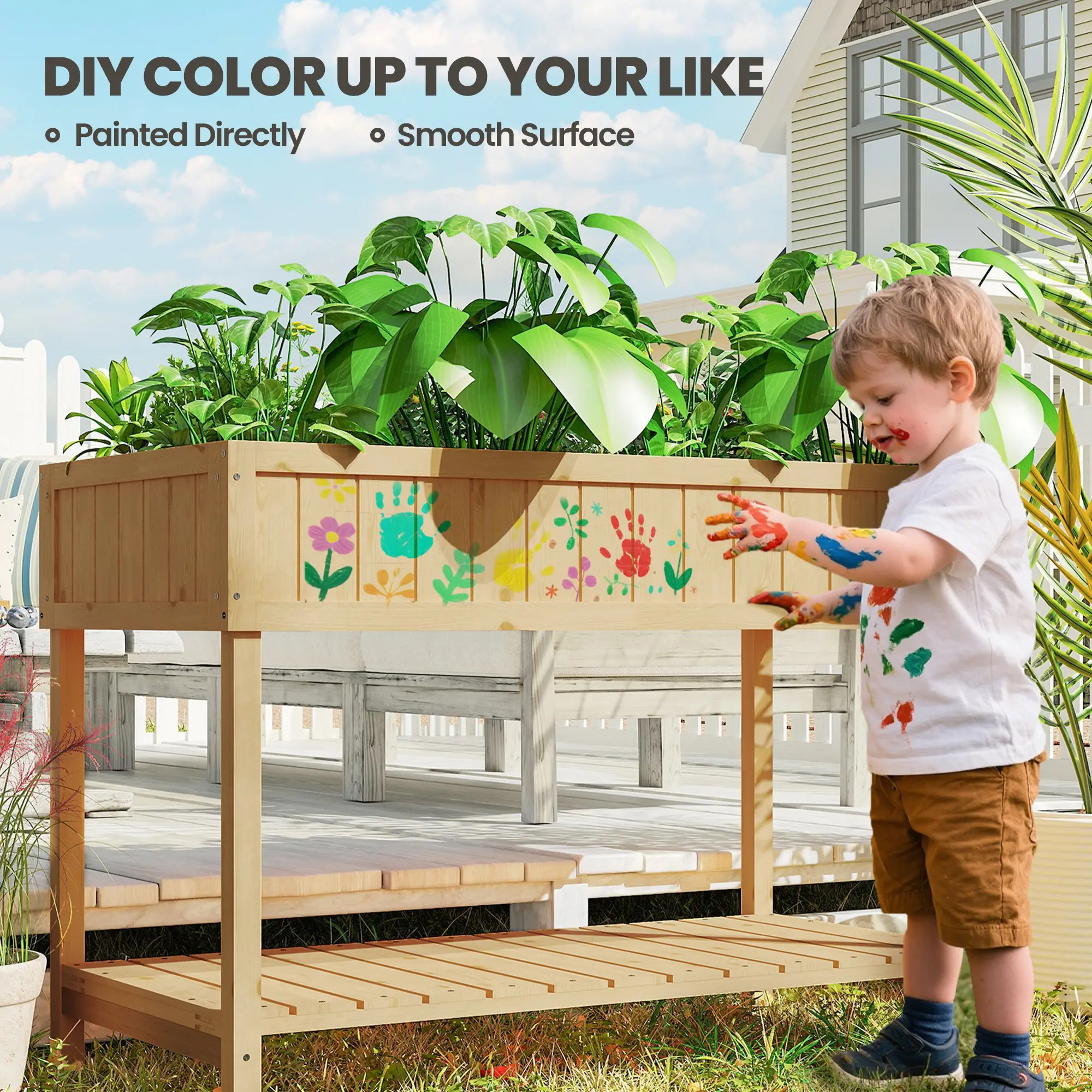 43.25" x 18" x 30" Raised Garden Bed, Wooden Plant Stand, 8 Grid Box, Natural Wood - Image 5