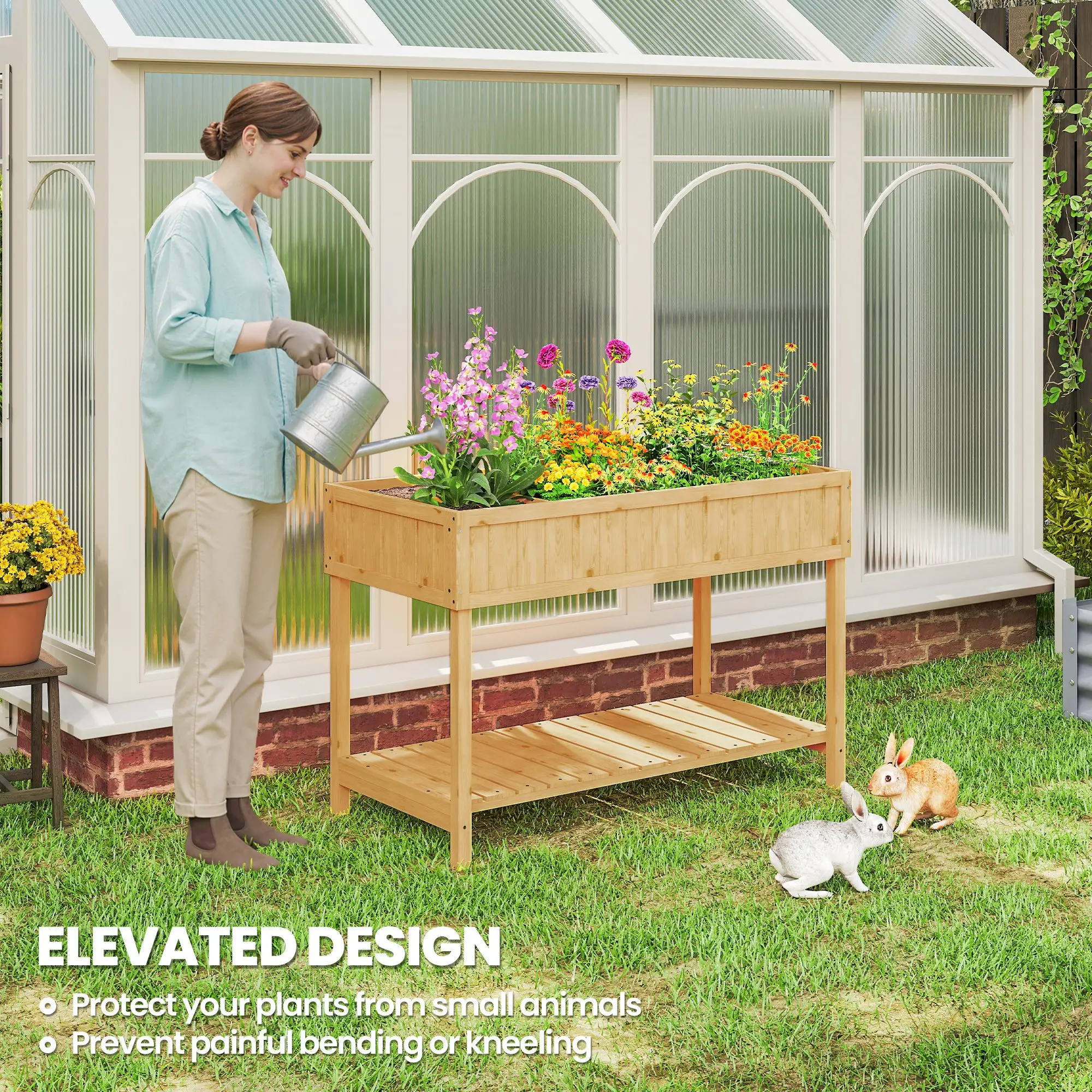 43.25" x 18" x 30" Raised Garden Bed, Wooden Plant Stand, 8 Grid Box, Natural Wood - Image 6