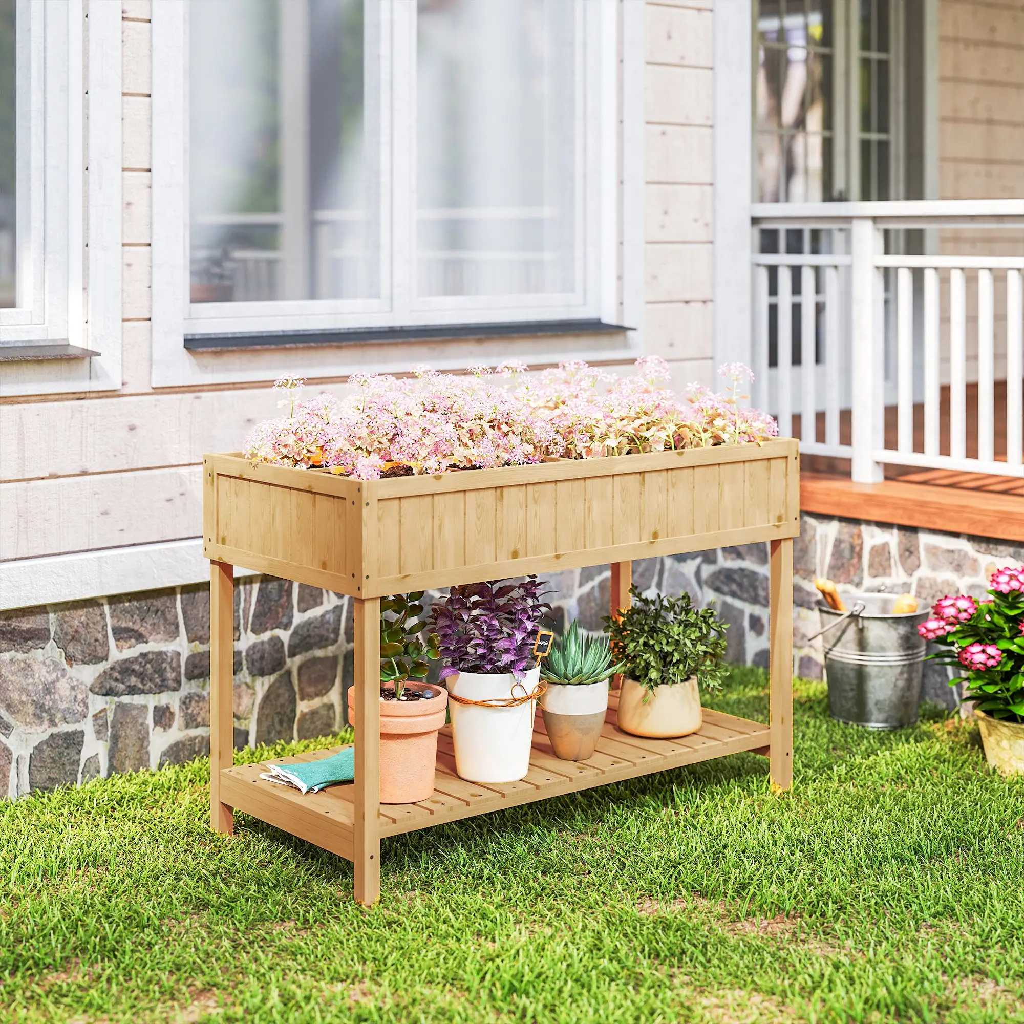 43.25" x 18" x 30" Raised Garden Bed, Wooden Plant Stand, 8 Grid Box, Natural Wood - Image 8