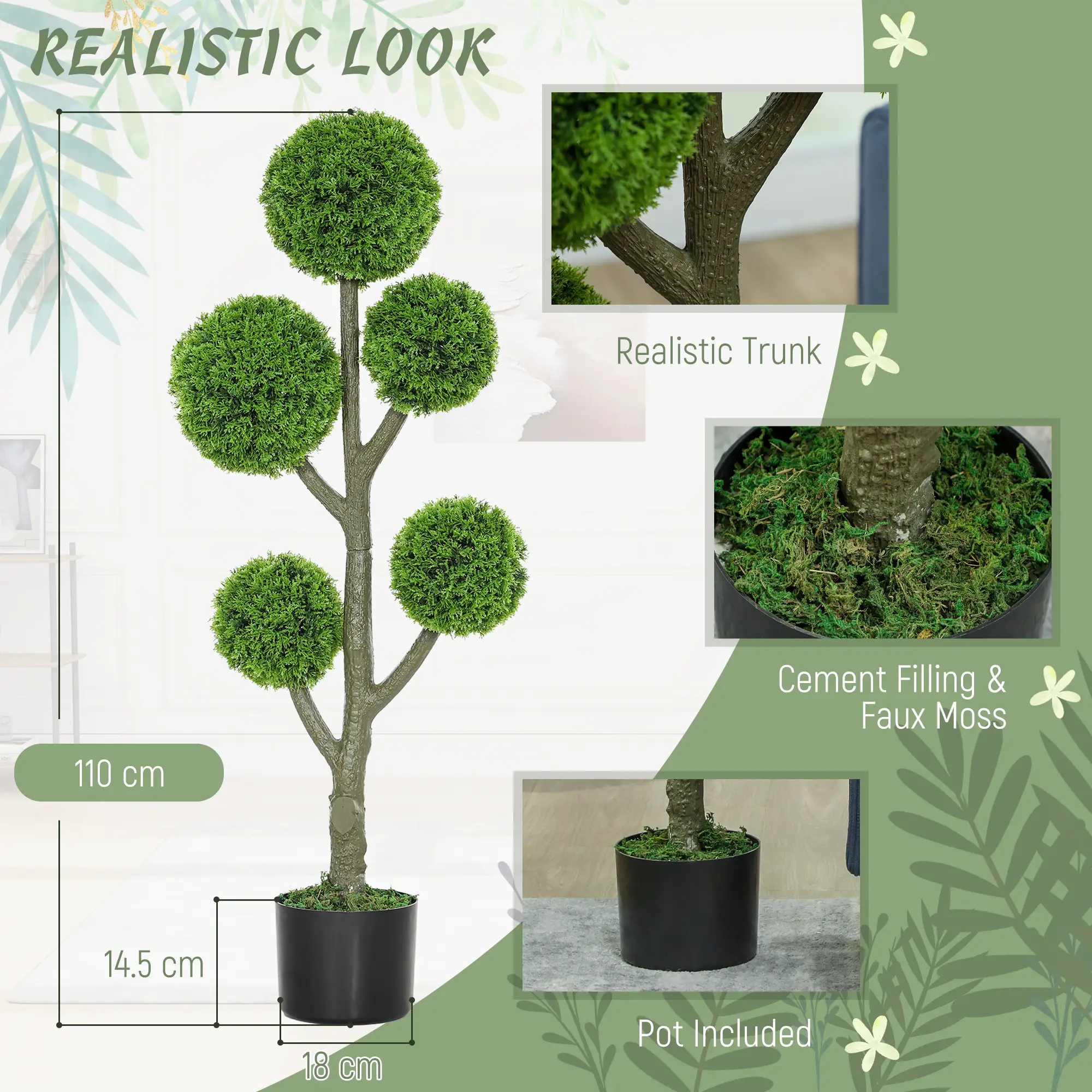 43.3" Artificial Ball Cypress Topiary Tree, Indoor Outdoor Plant In Pot, Green - Image 4