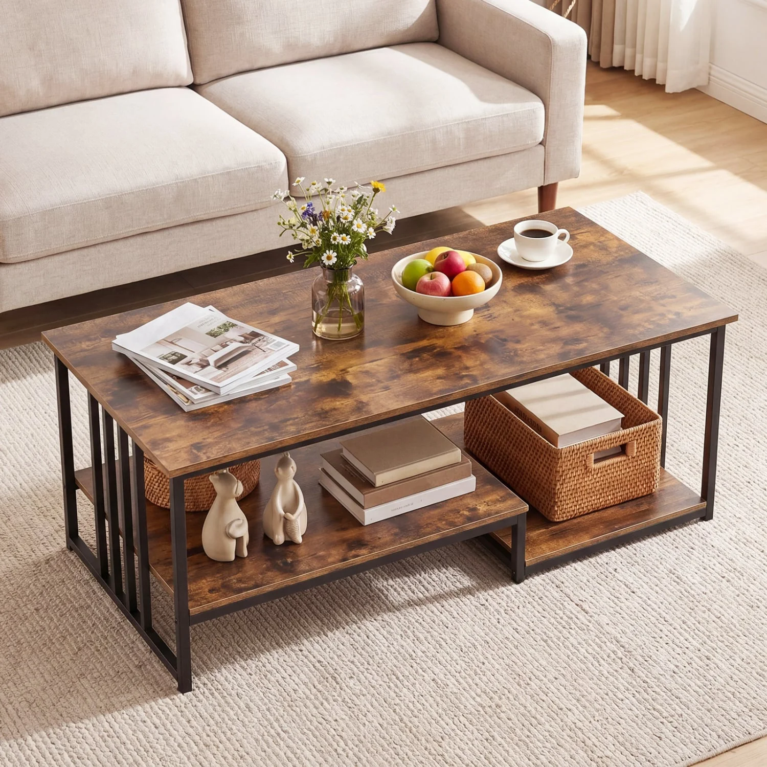 43.5" Coffee Table 2-Tier Open Shelf, Rustic Brown - Image 2
