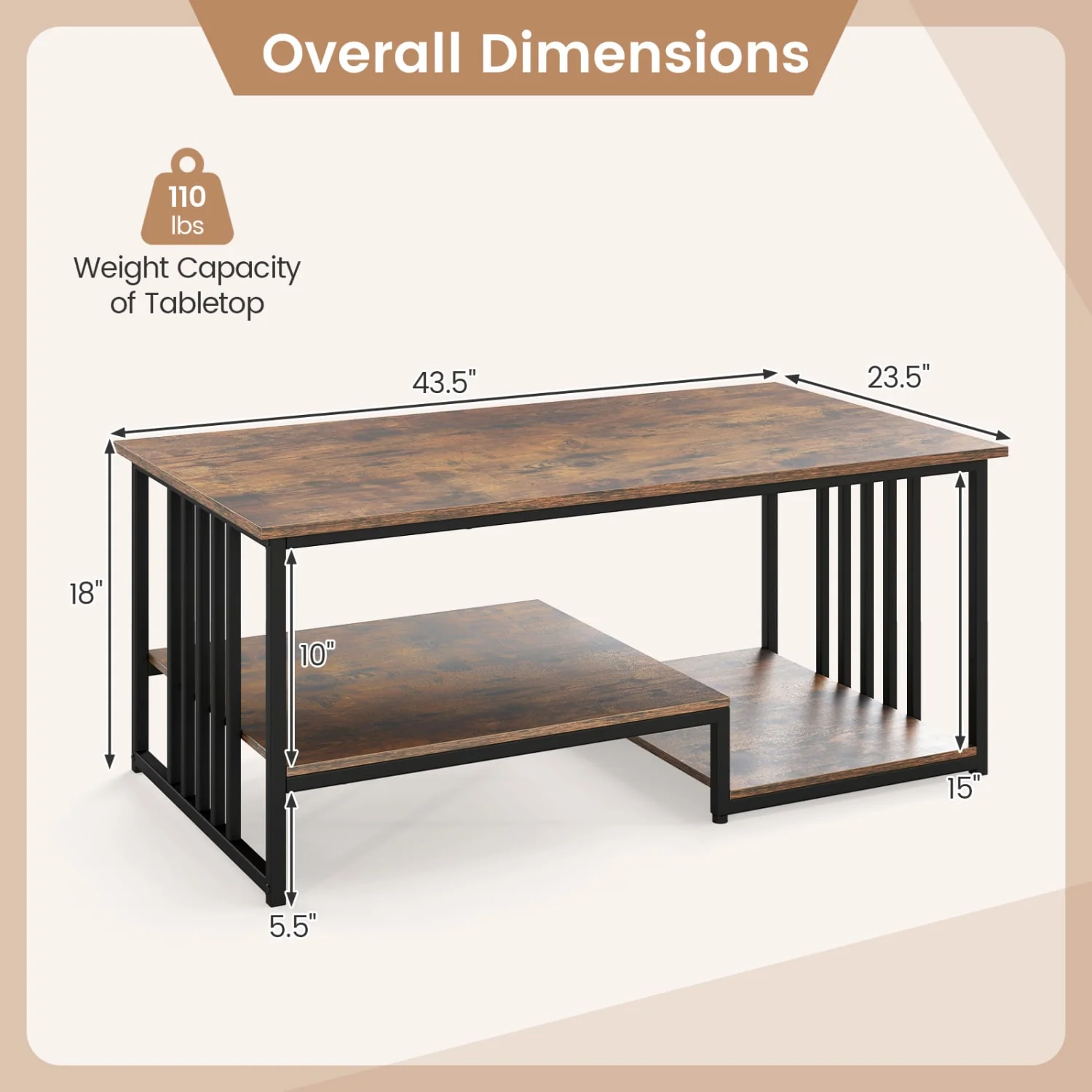 43.5" Coffee Table 2-Tier Open Shelf, Rustic Brown - Image 5