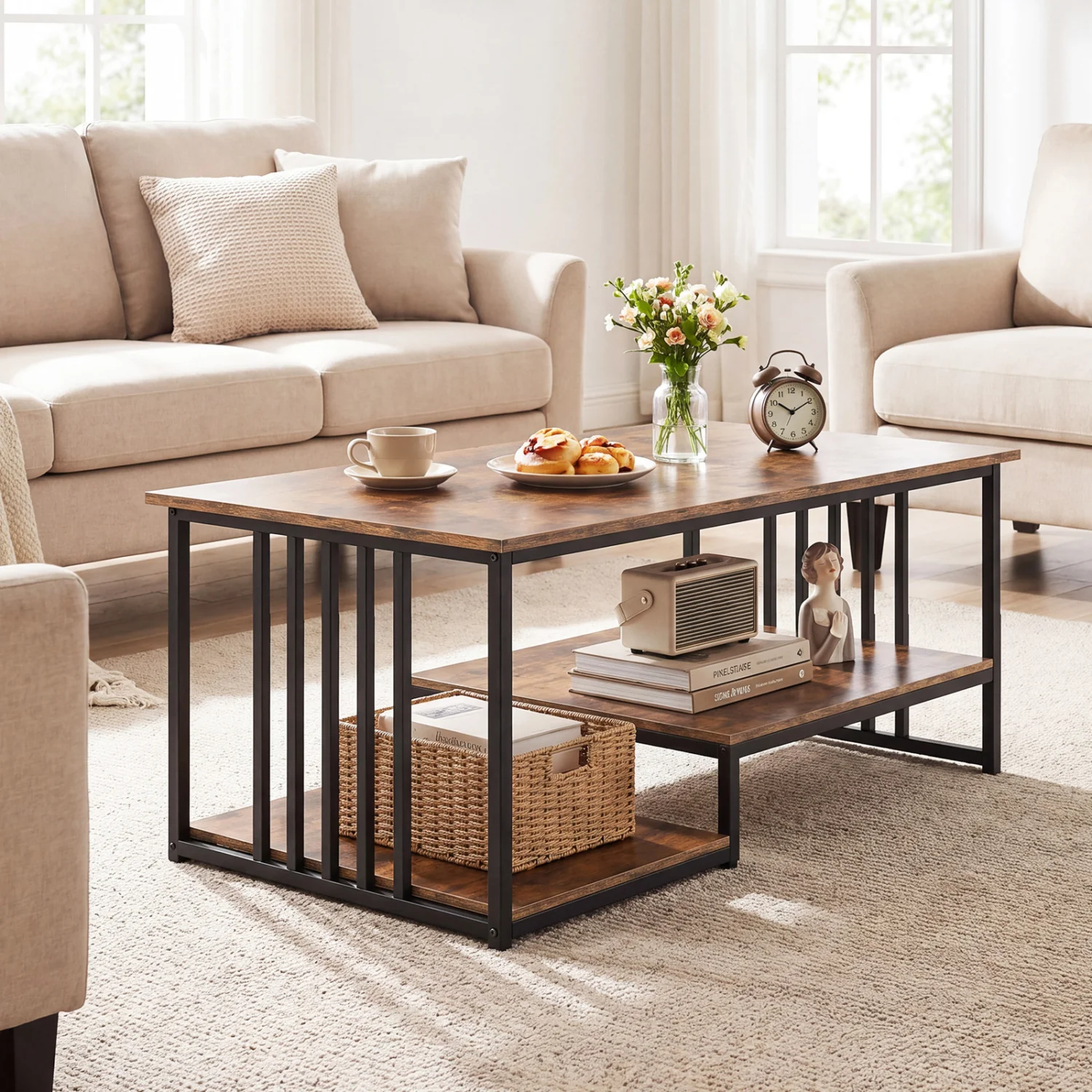 43.5" Coffee Table 2-Tier Open Shelf, Rustic Brown - Image 7