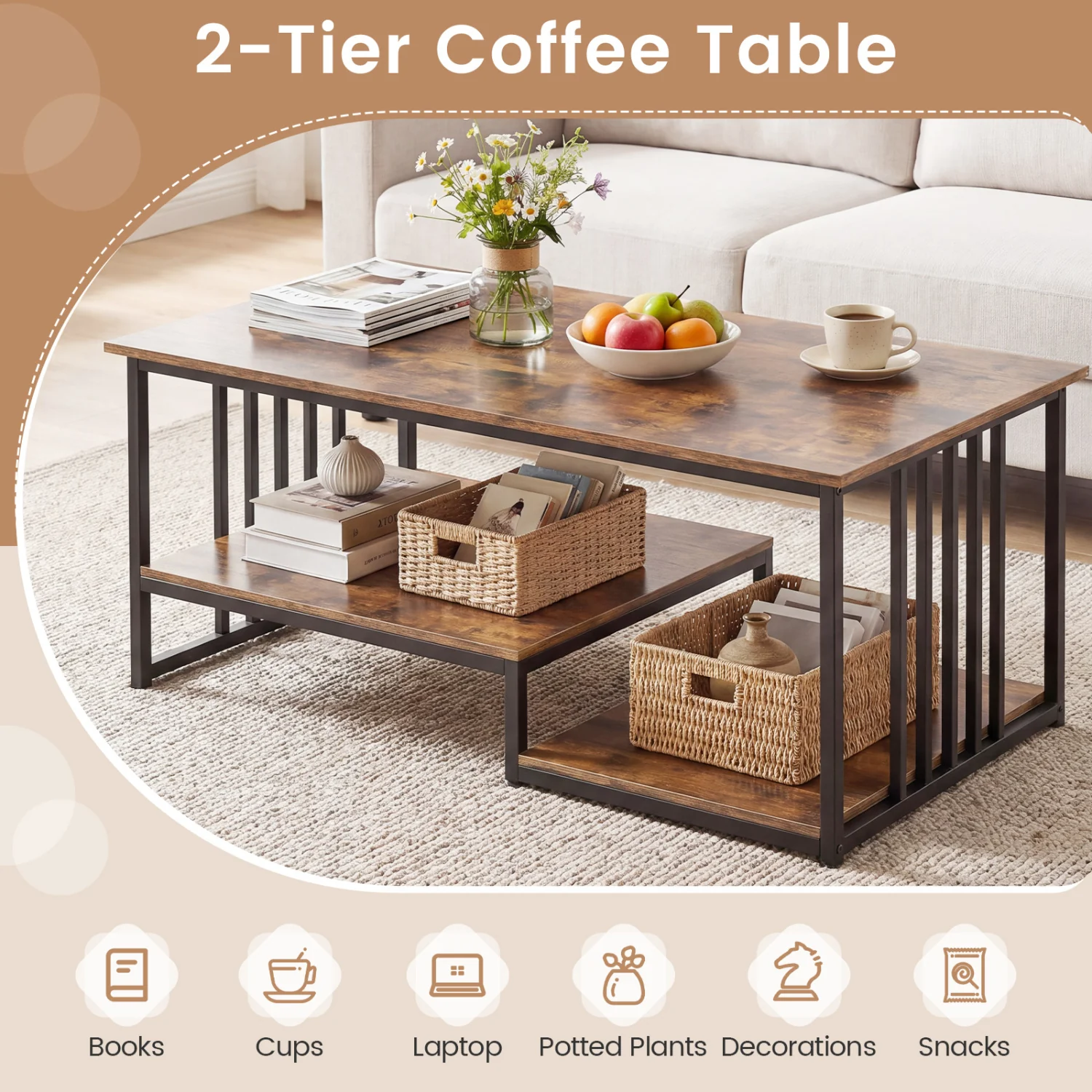 43.5" Coffee Table 2-Tier Open Shelf, Rustic Brown - Image 8