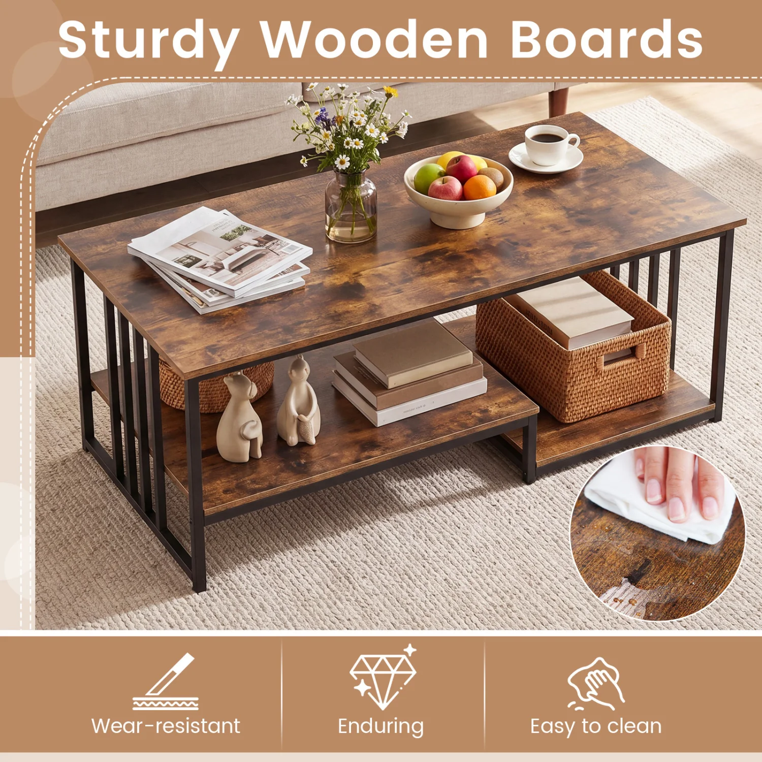 43.5" Coffee Table 2-Tier Open Shelf, Rustic Brown - Image 9