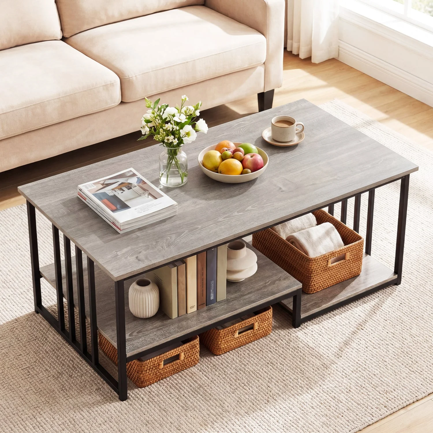 Coffee Table, 2-Tier With Open Storage Shelf, Oak - Image 2