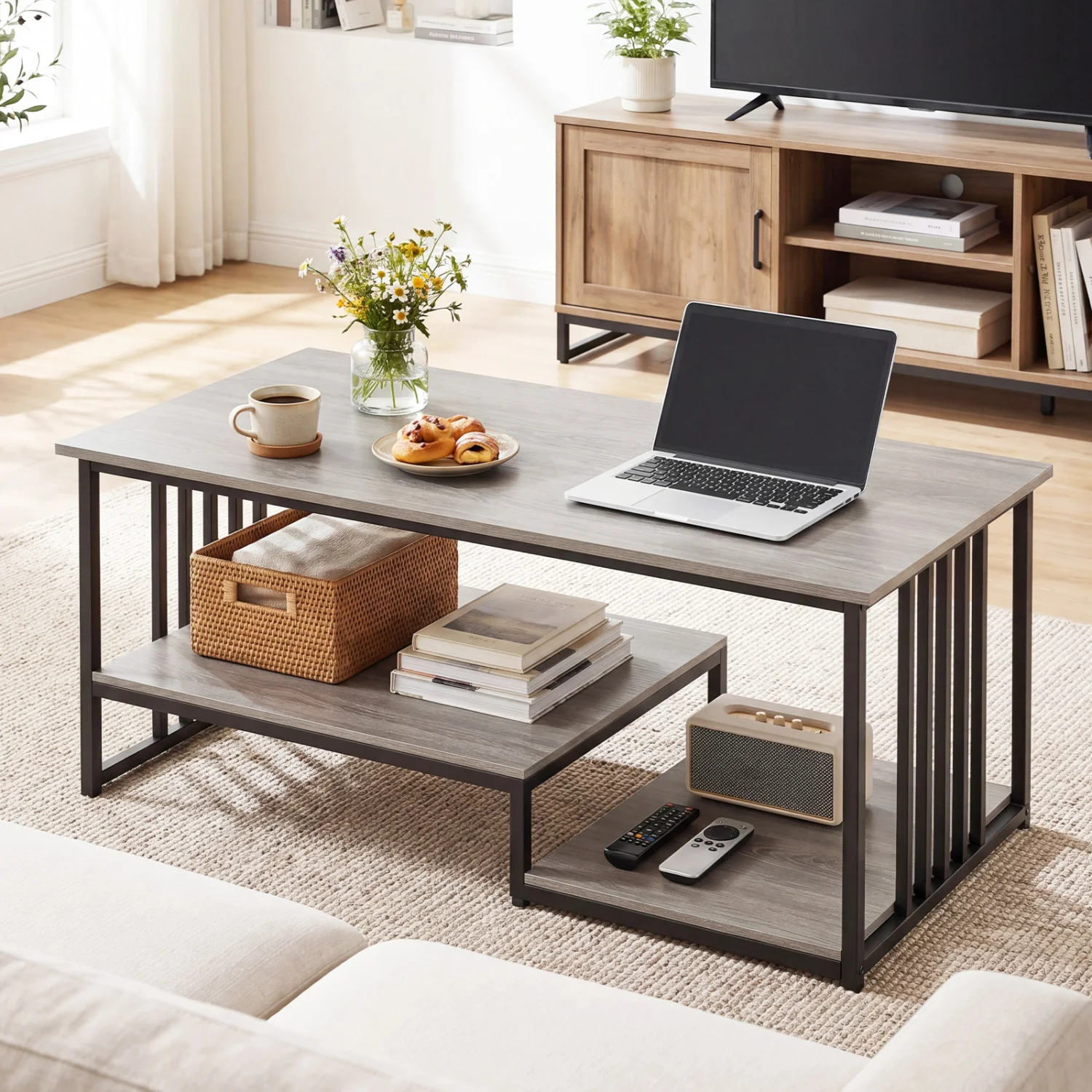 Coffee Table, 2-Tier With Open Storage Shelf, Oak - Image 6