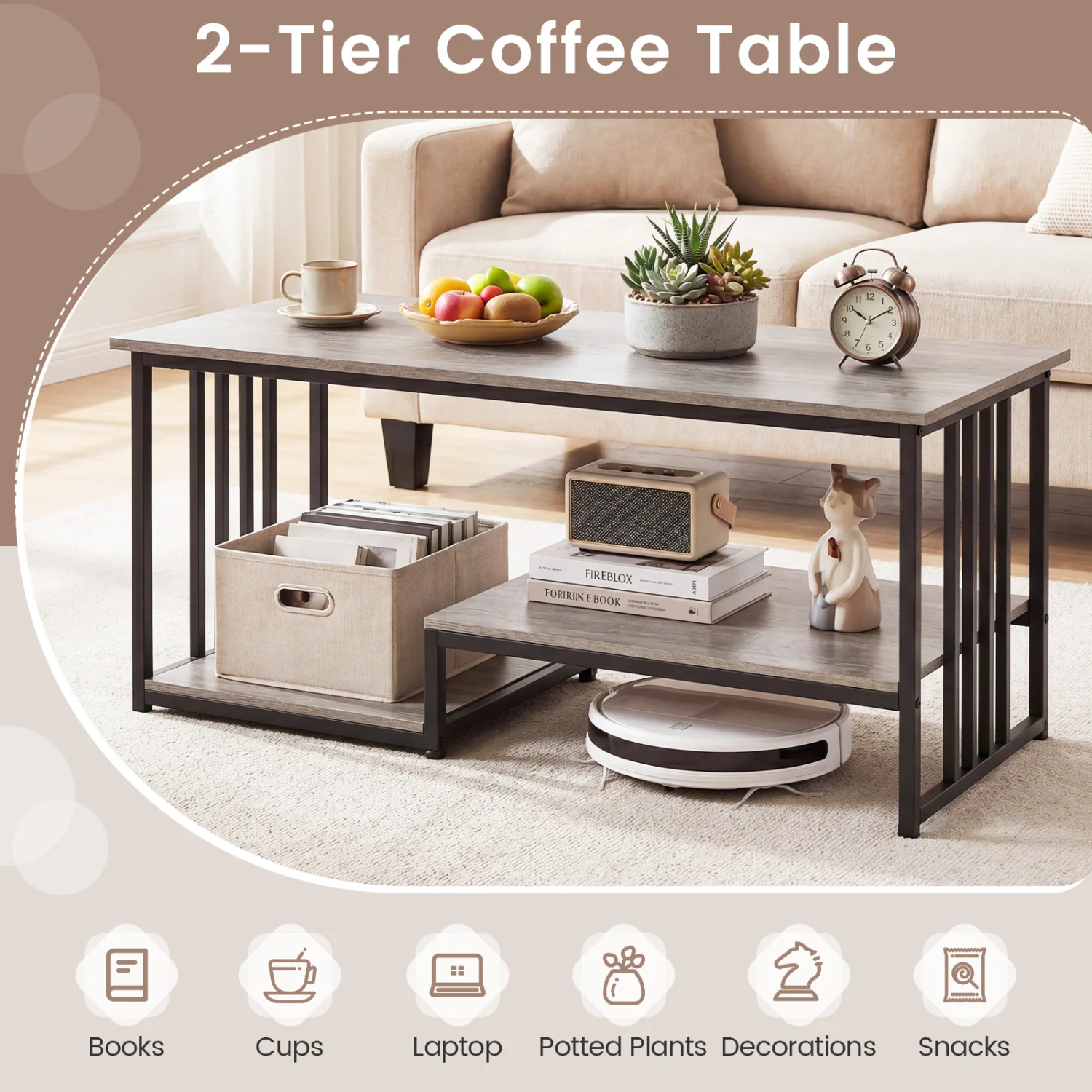 Coffee Table, 2-Tier With Open Storage Shelf, Oak - Image 8