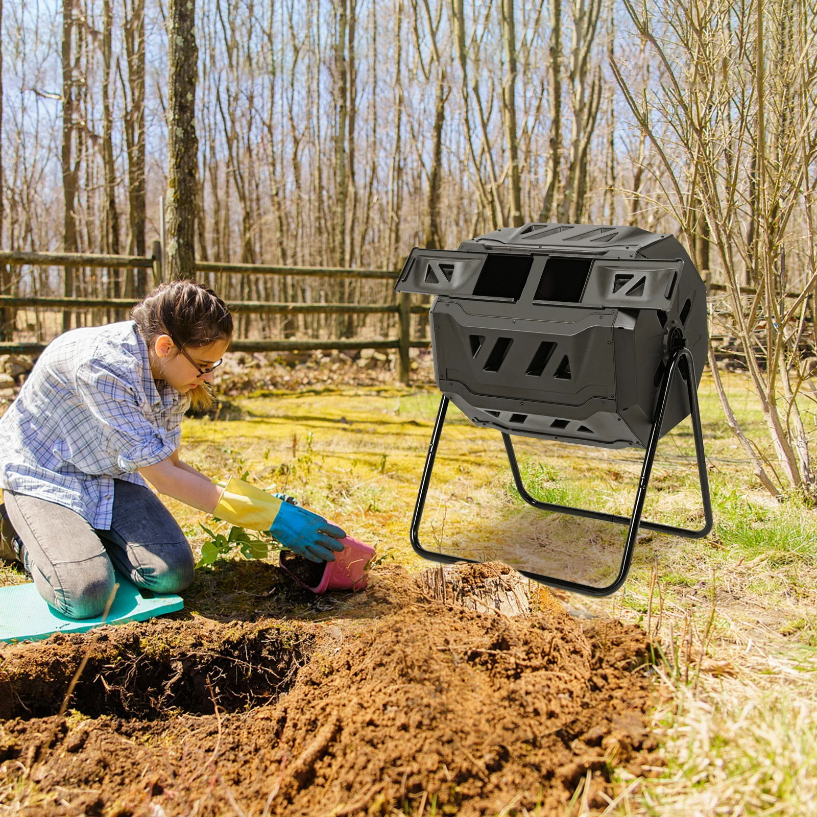 43 Gallon Composting Tumbler, Dual Rotating Chamber, Black - Image 3
