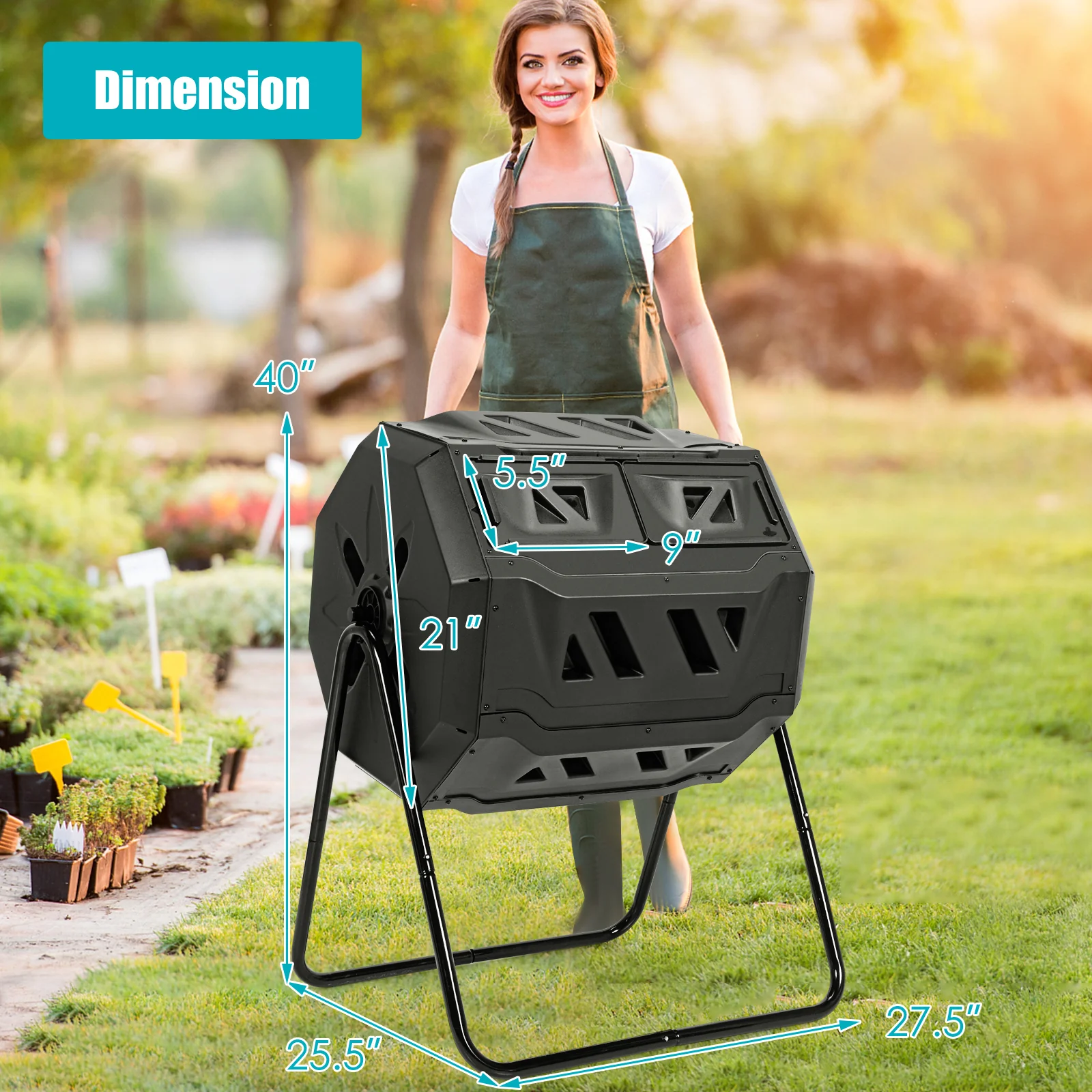 43 Gallon Composting Tumbler, Dual Rotating Chamber, Black - Image 6