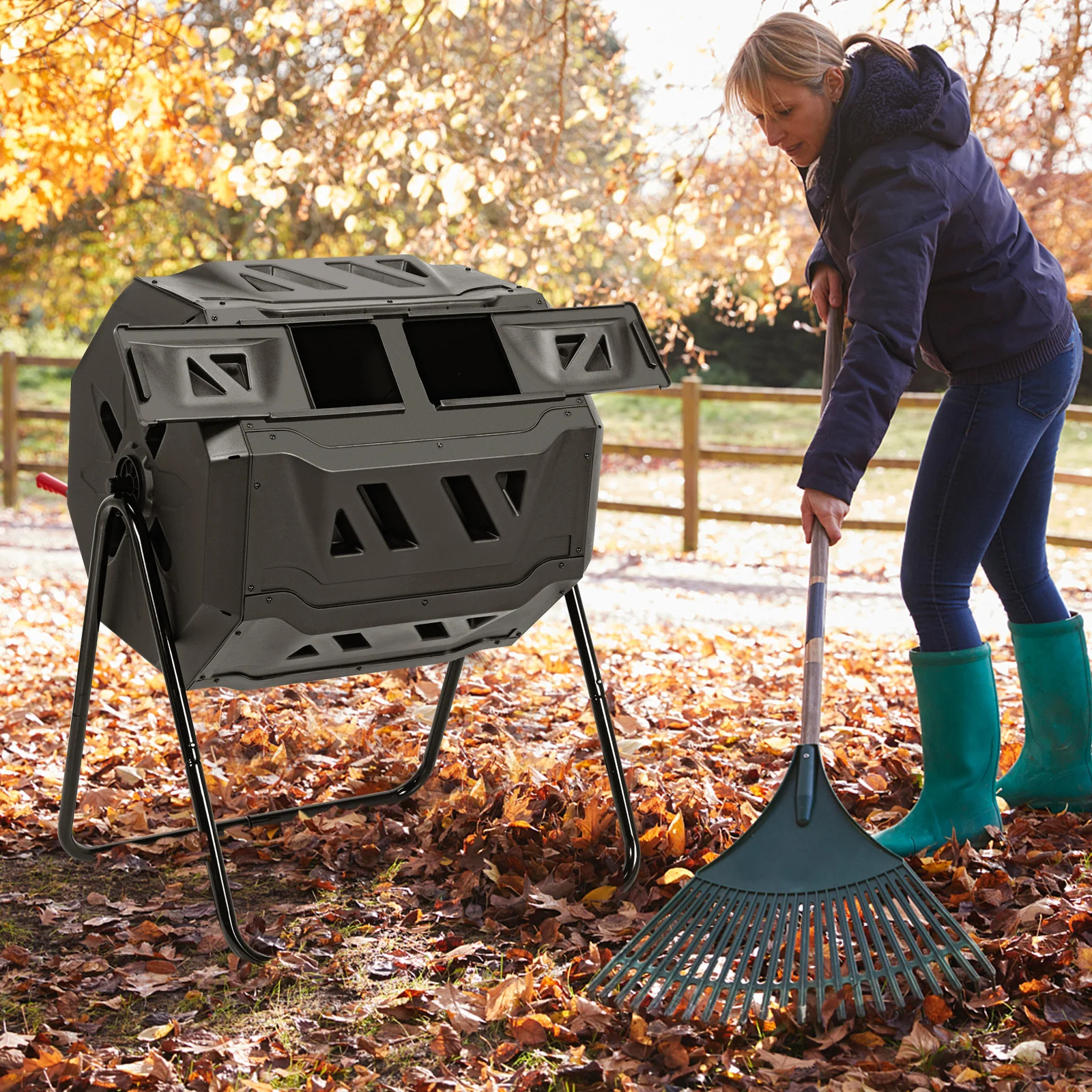 43 Gallon Composting Tumbler, Dual Rotating Chamber, Black - Image 7