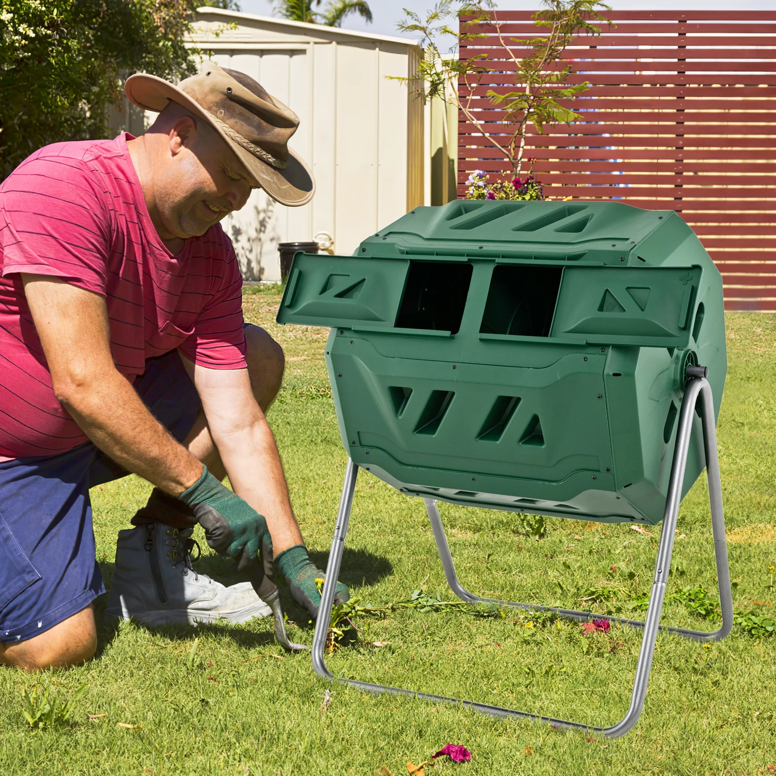 43 Gallon Rotating Compost Bin, Dual Chamber, Sliding Doors, Green - Image 3