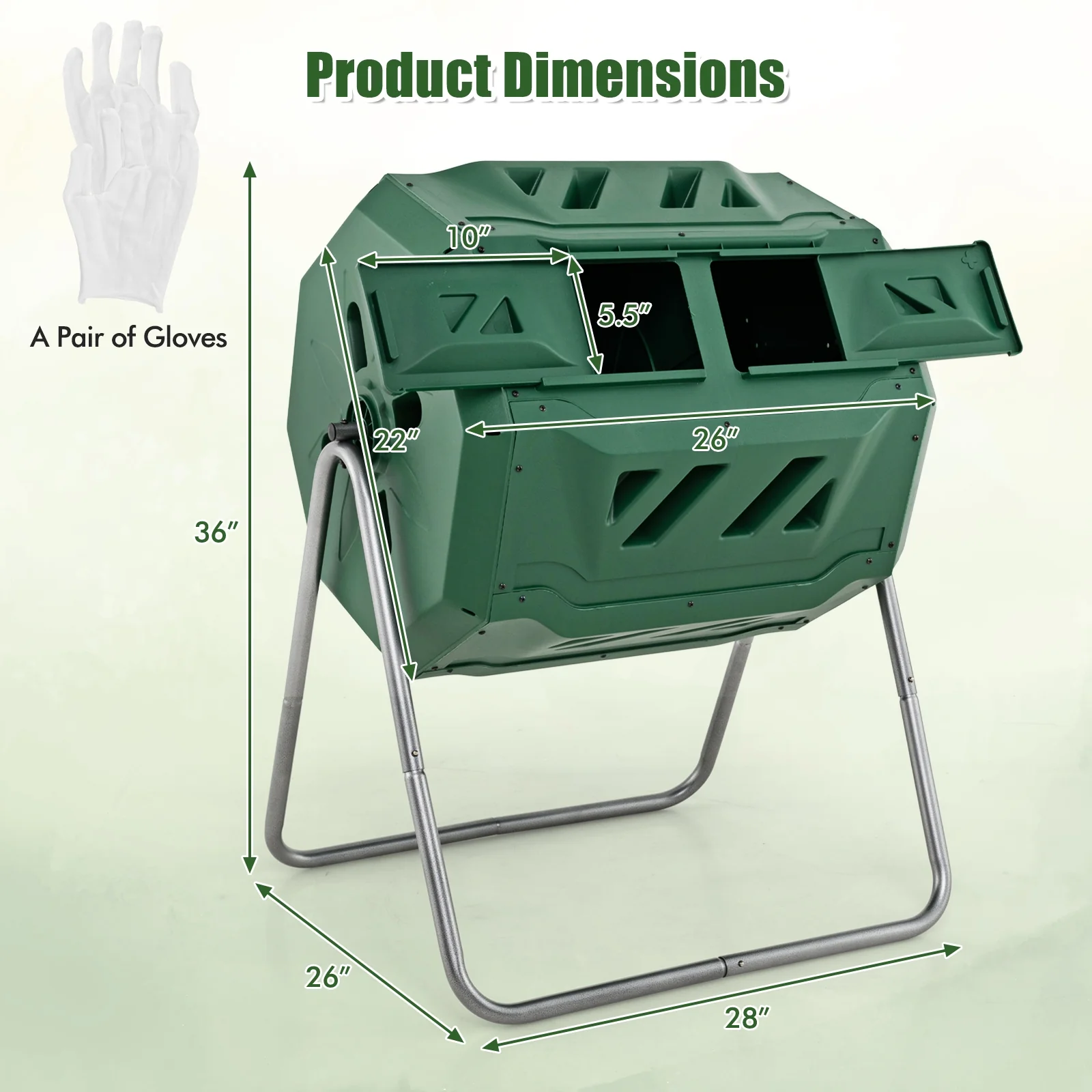 43 Gallon Rotating Compost Bin, Dual Chamber, Sliding Doors, Green - Image 6