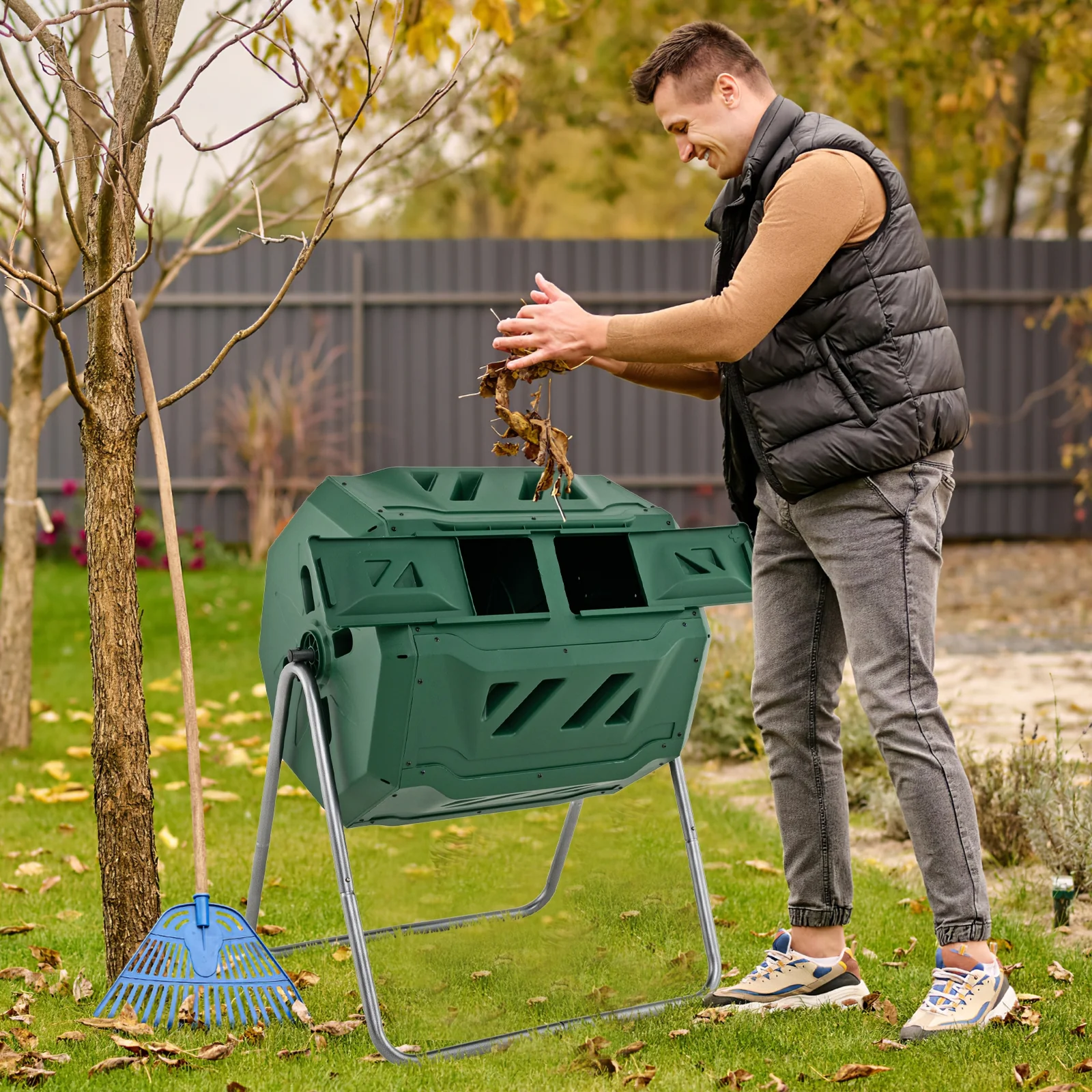 43 Gallon Rotating Compost Bin, Dual Chamber, Sliding Doors, Green - Image 7