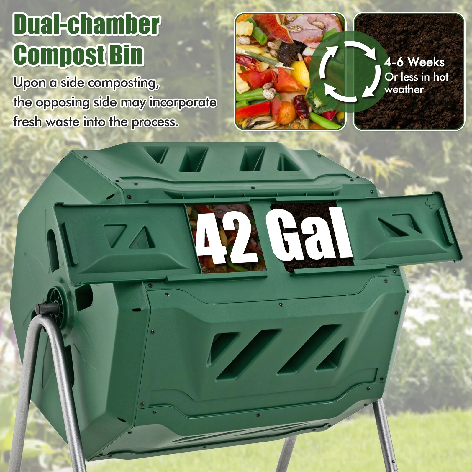 43 Gallon Rotating Compost Bin, Dual Chamber, Sliding Doors, Green - Image 8