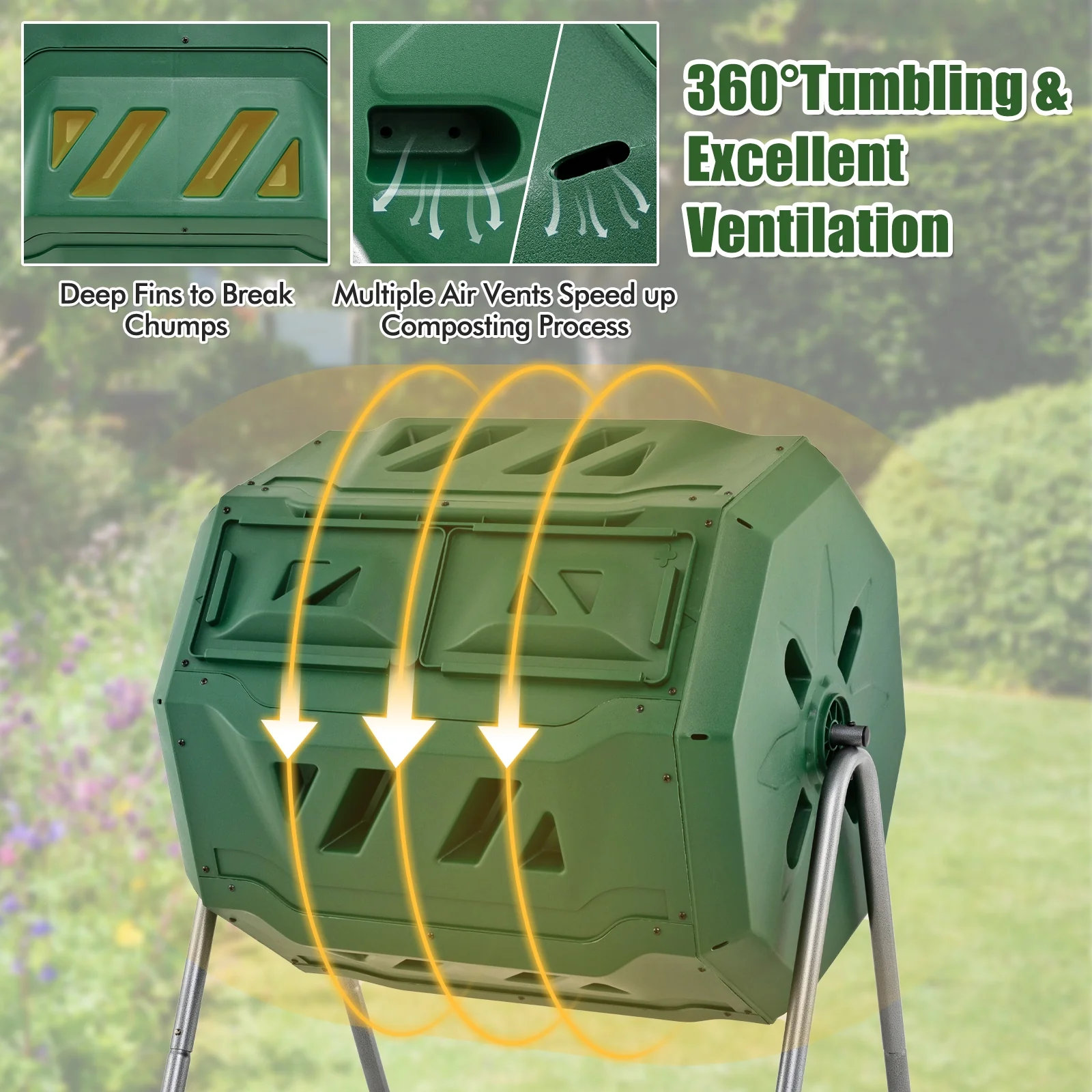 43 Gallon Rotating Compost Bin, Dual Chamber, Sliding Doors, Green - Image 9