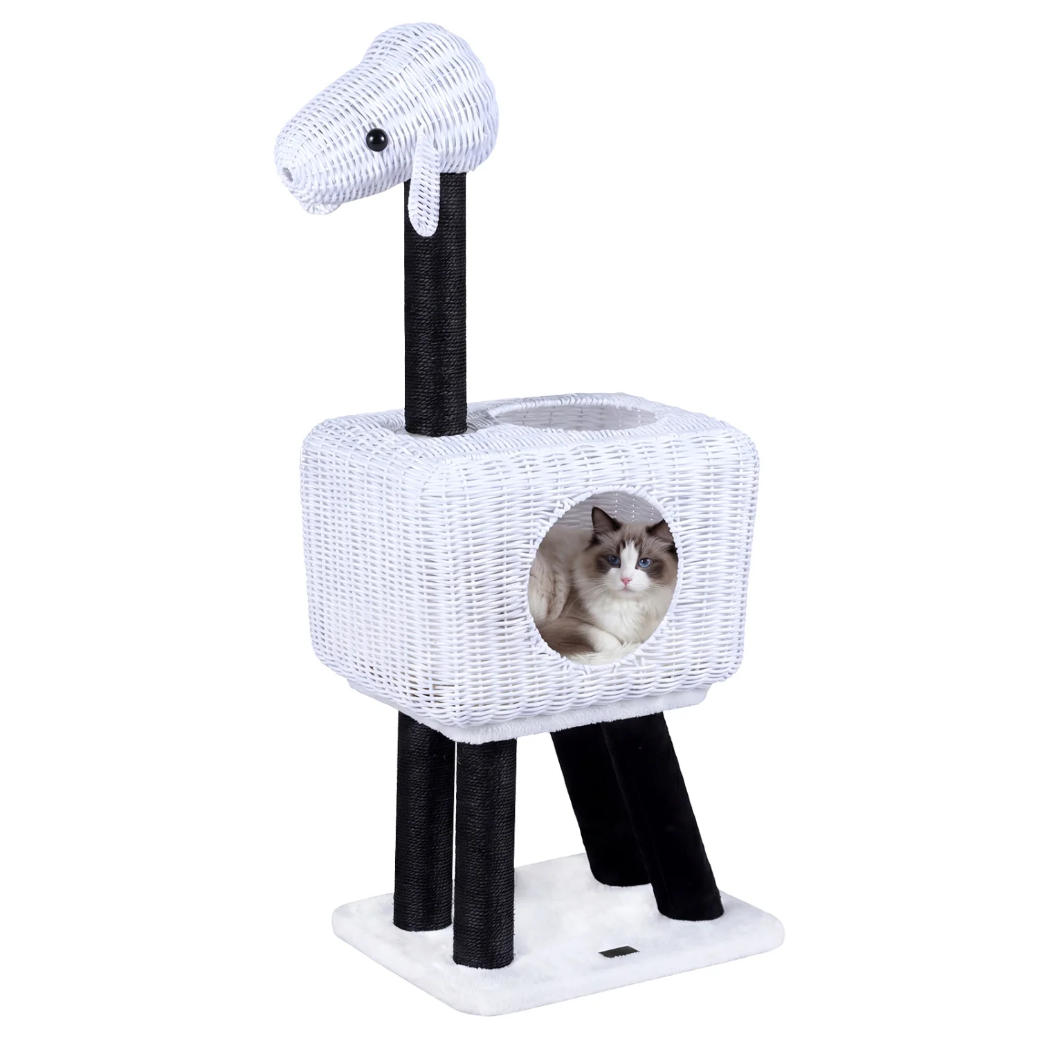 43-Inch Lamb-Shaped Cat Tower, 2-Door Rattan Condo, White