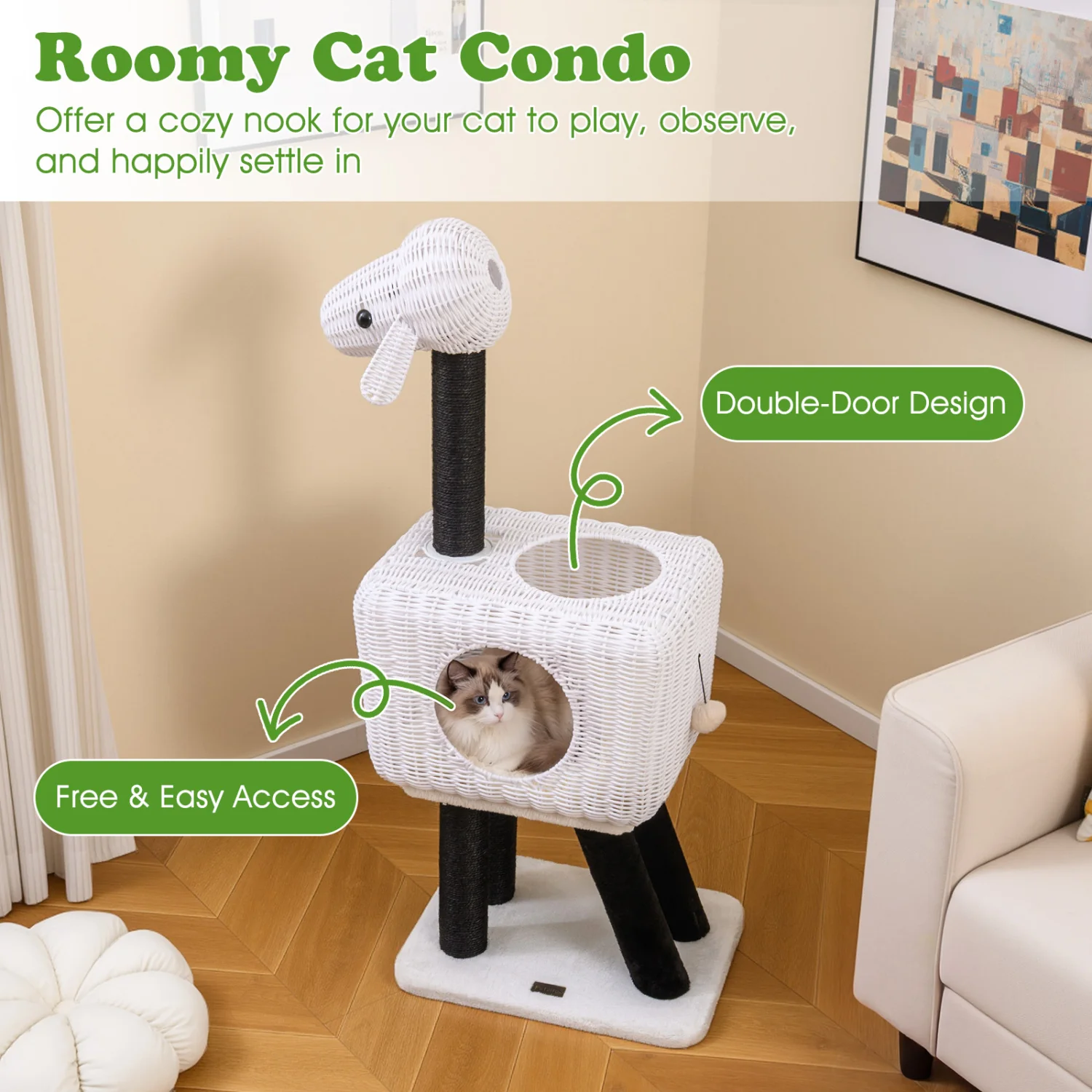 43-Inch Lamb-Shaped Cat Tower, 2-Door Rattan Condo, White - Image 5