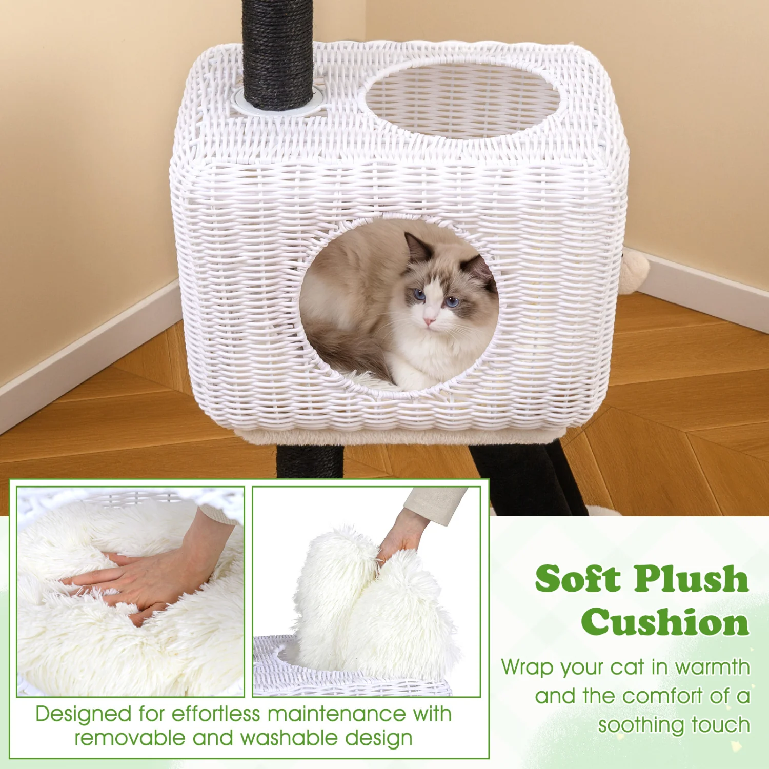 43-Inch Lamb-Shaped Cat Tower, 2-Door Rattan Condo, White - Image 6