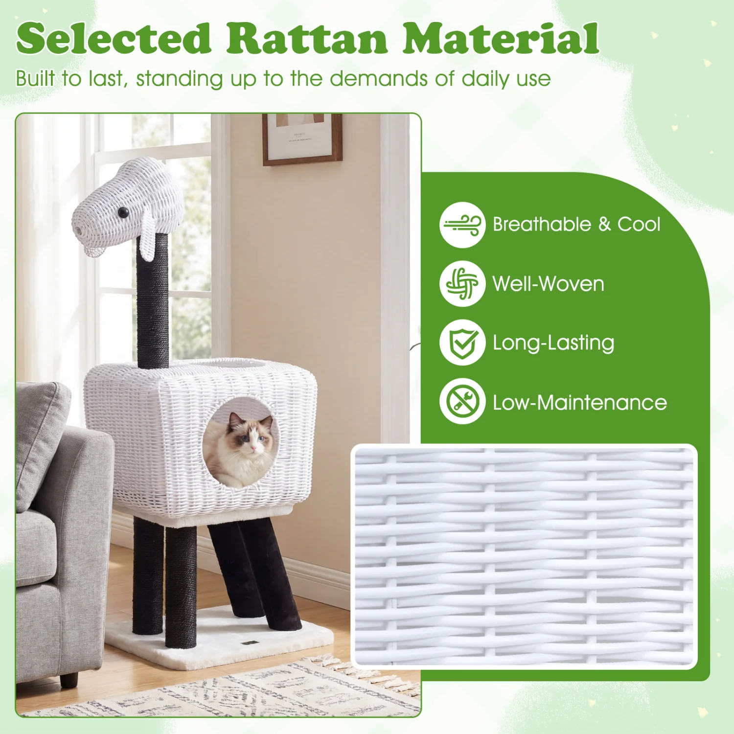 43-Inch Lamb-Shaped Cat Tower, 2-Door Rattan Condo, White - Image 7