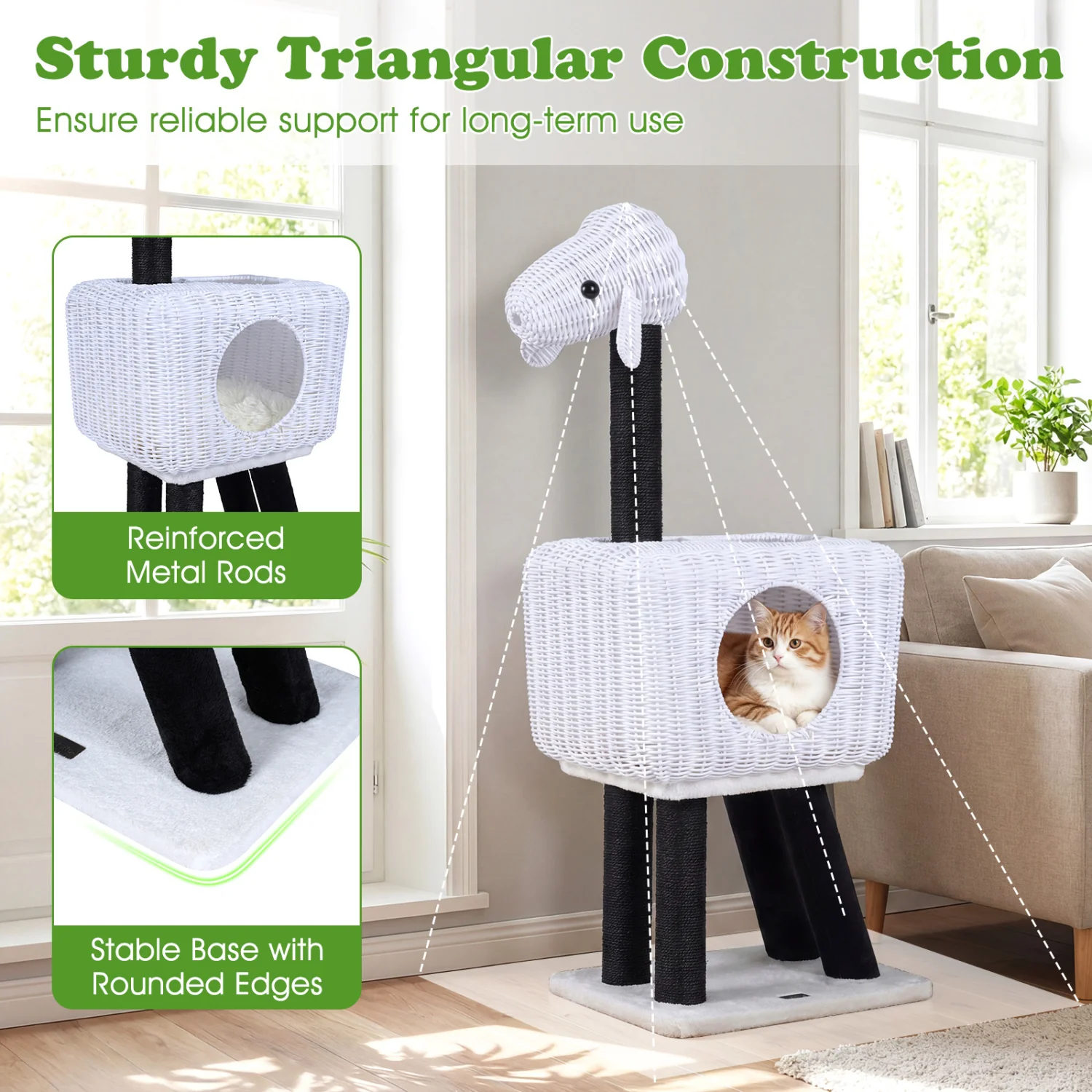 43-Inch Lamb-Shaped Cat Tower, 2-Door Rattan Condo, White - Image 9