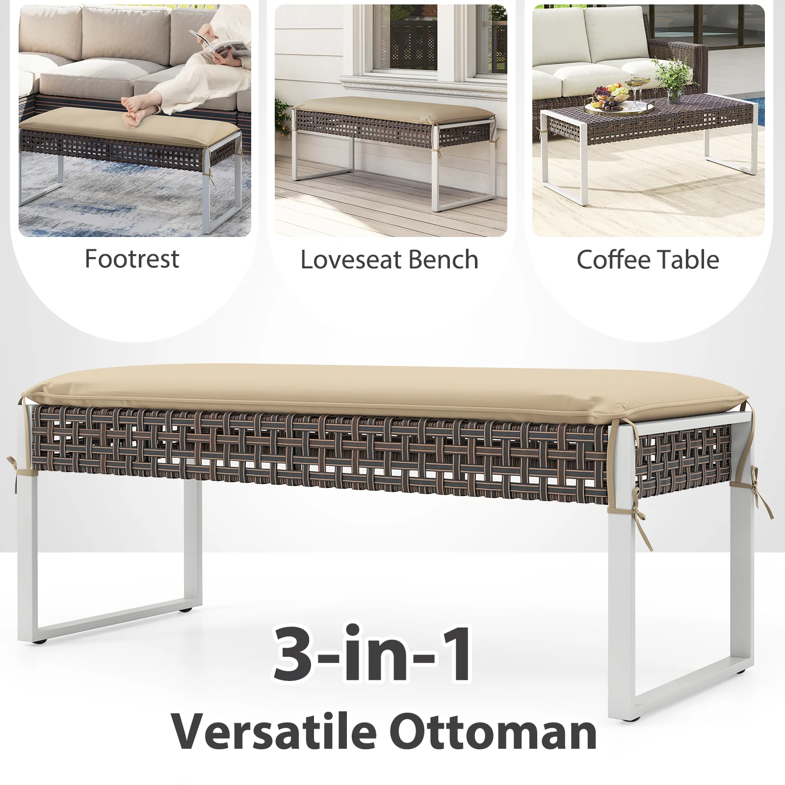 43 Inch Patio Ottoman Pack Of 2, Metal Legs With Cushion, Beige - Image 10