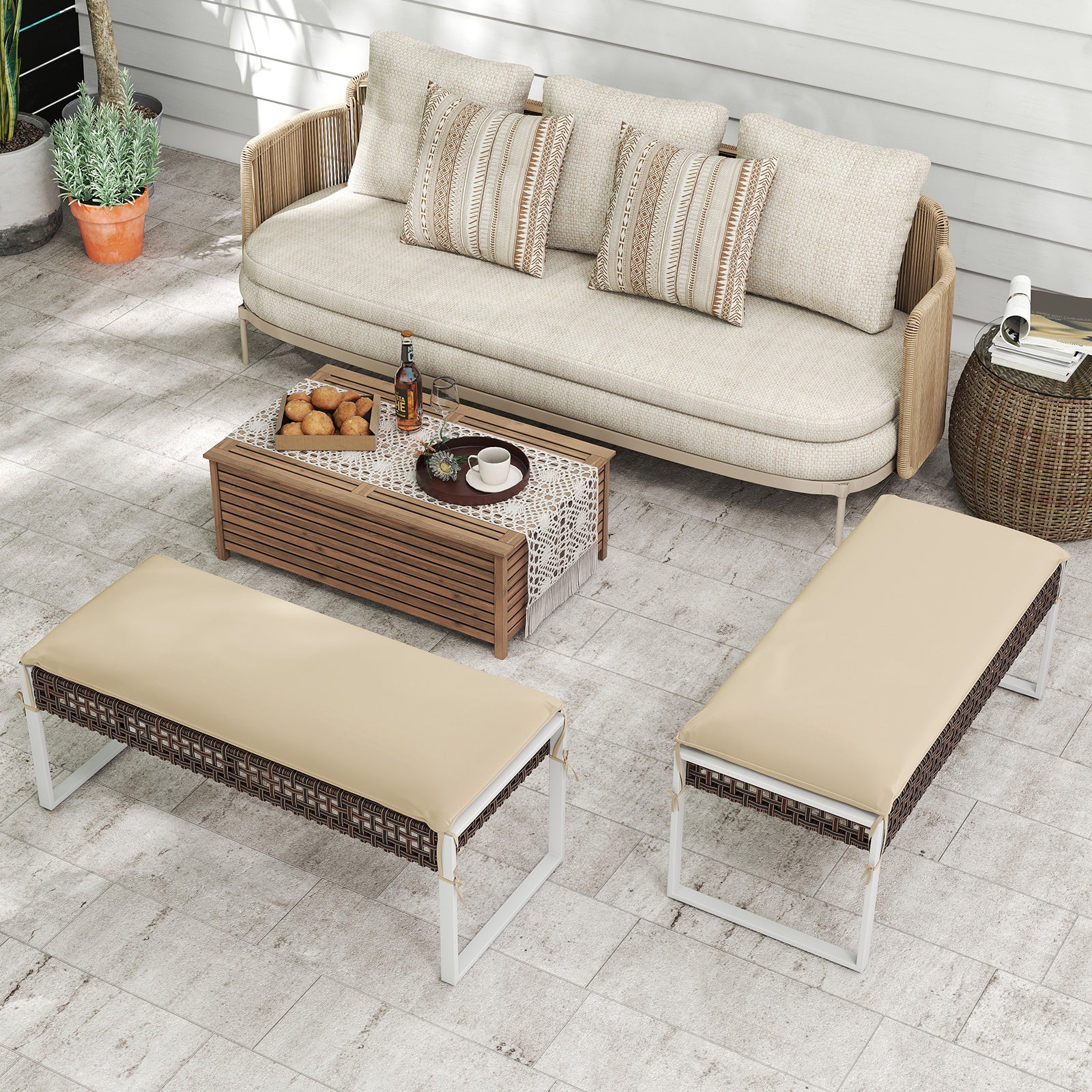43 Inch Patio Ottoman Pack Of 2, Metal Legs With Cushion, Beige - Image 2