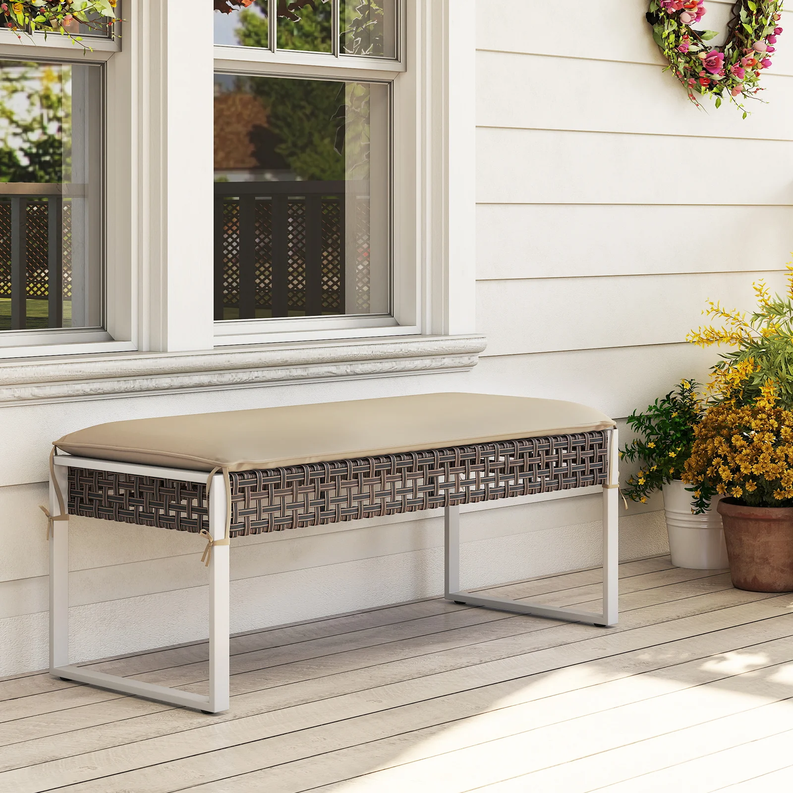43 Inch Patio Ottoman Pack Of 2, Metal Legs With Cushion, Beige - Image 7