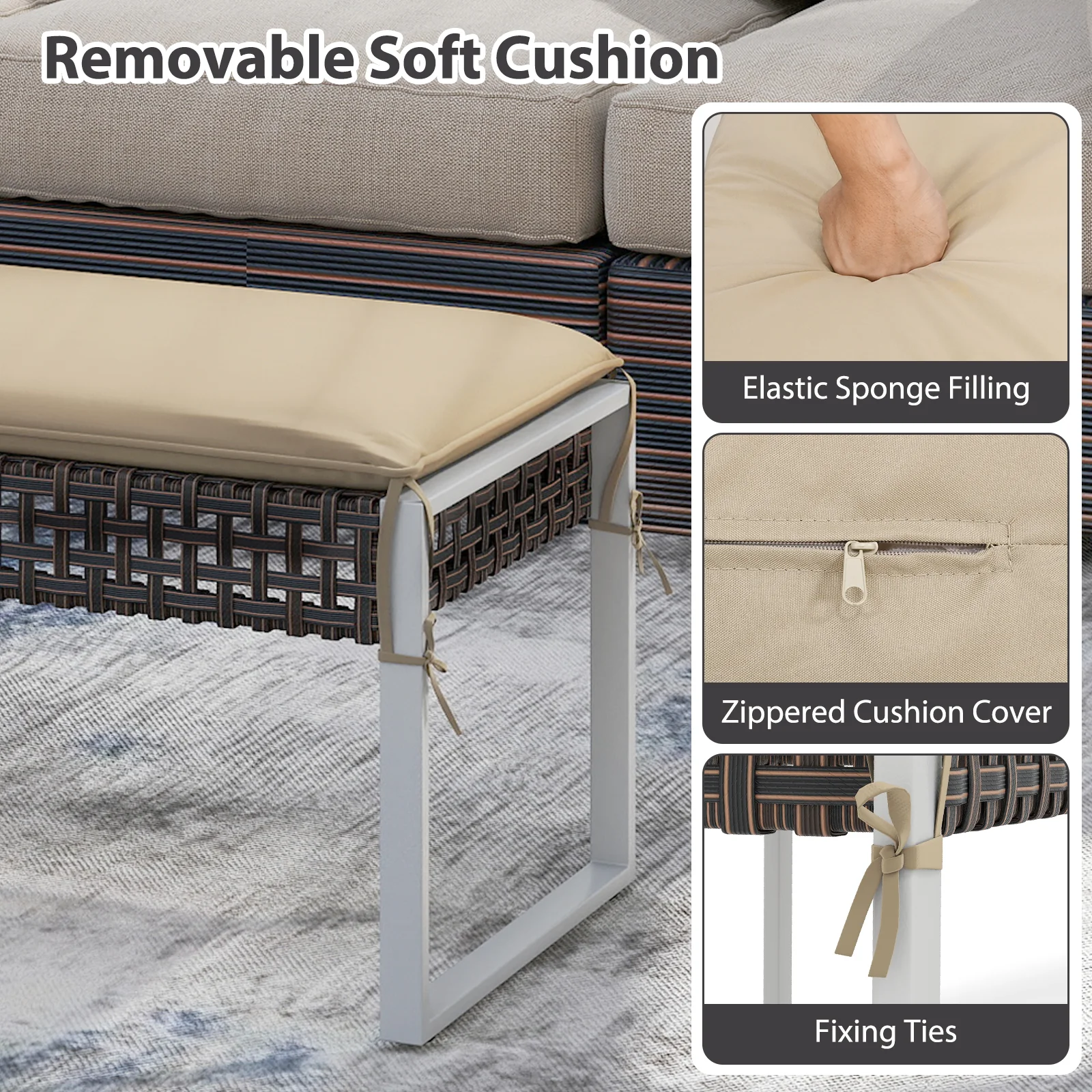 43 Inch Patio Ottoman Pack Of 2, Metal Legs With Cushion, Beige - Image 9