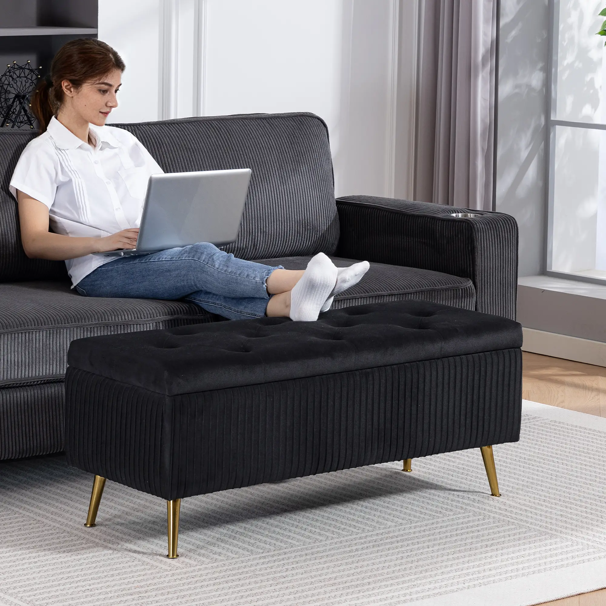43 Inch Storage Ottoman Bench, Steel Legs, Padded Seat, Black - Image 10