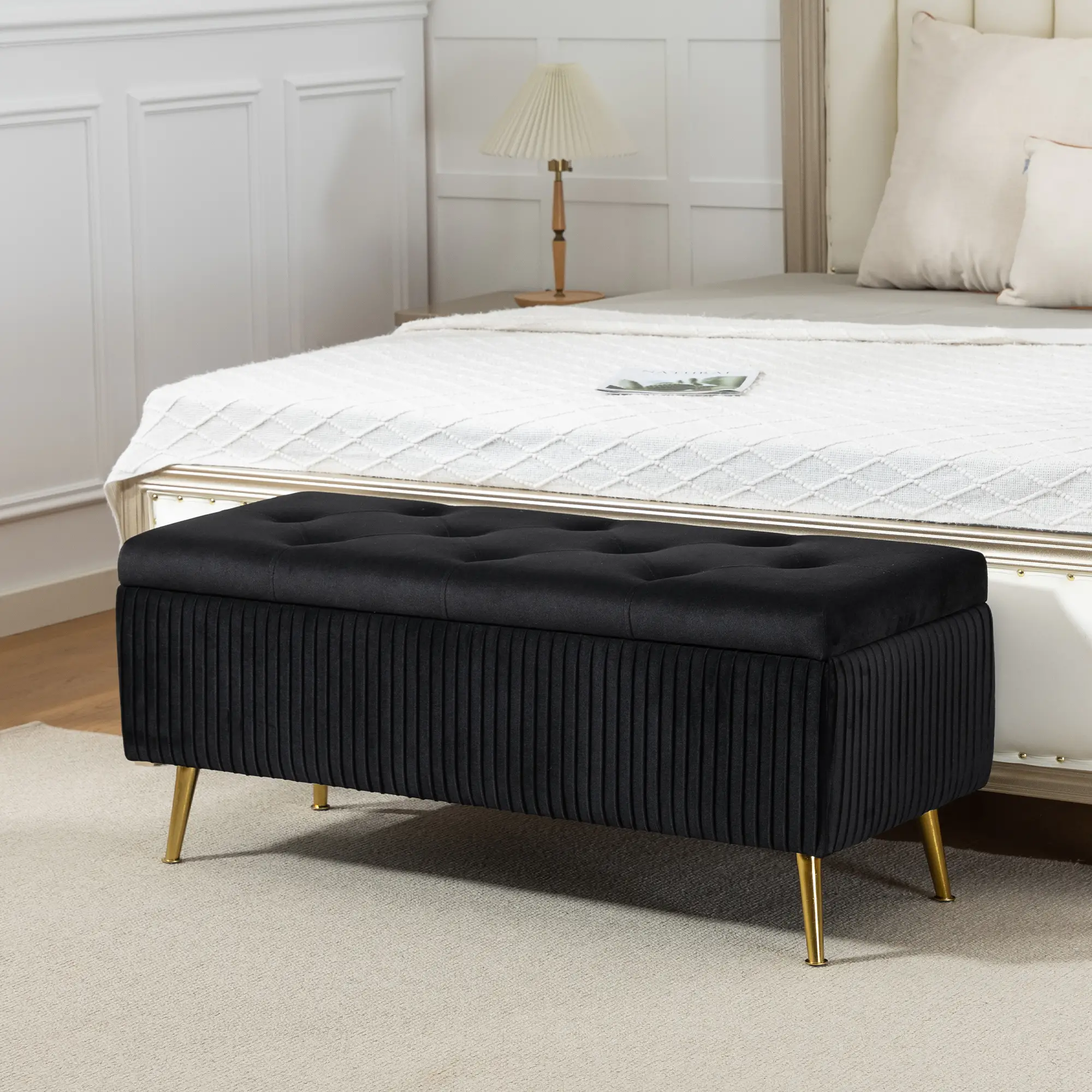 43 Inch Storage Ottoman Bench, Steel Legs, Padded Seat, Black - Image 2